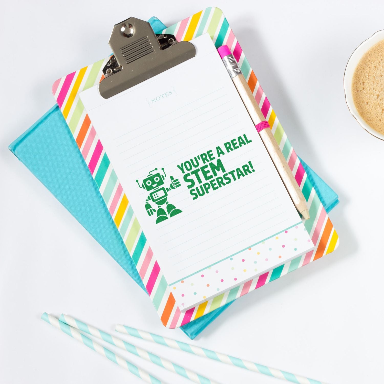 STEM rubber stamp on a notepad, ideal for teacher appreciation notes, student rewards, and classroom encouragement.