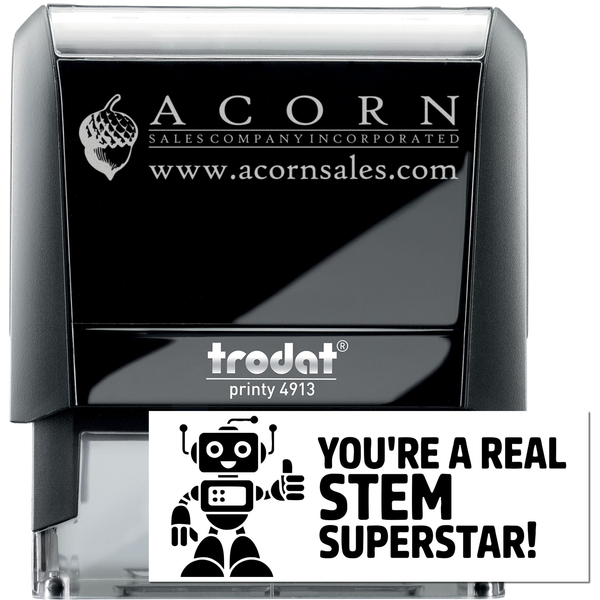 Custom self-inking rubber stamp with company logo and website imprint, plus a STEM Superstar design.