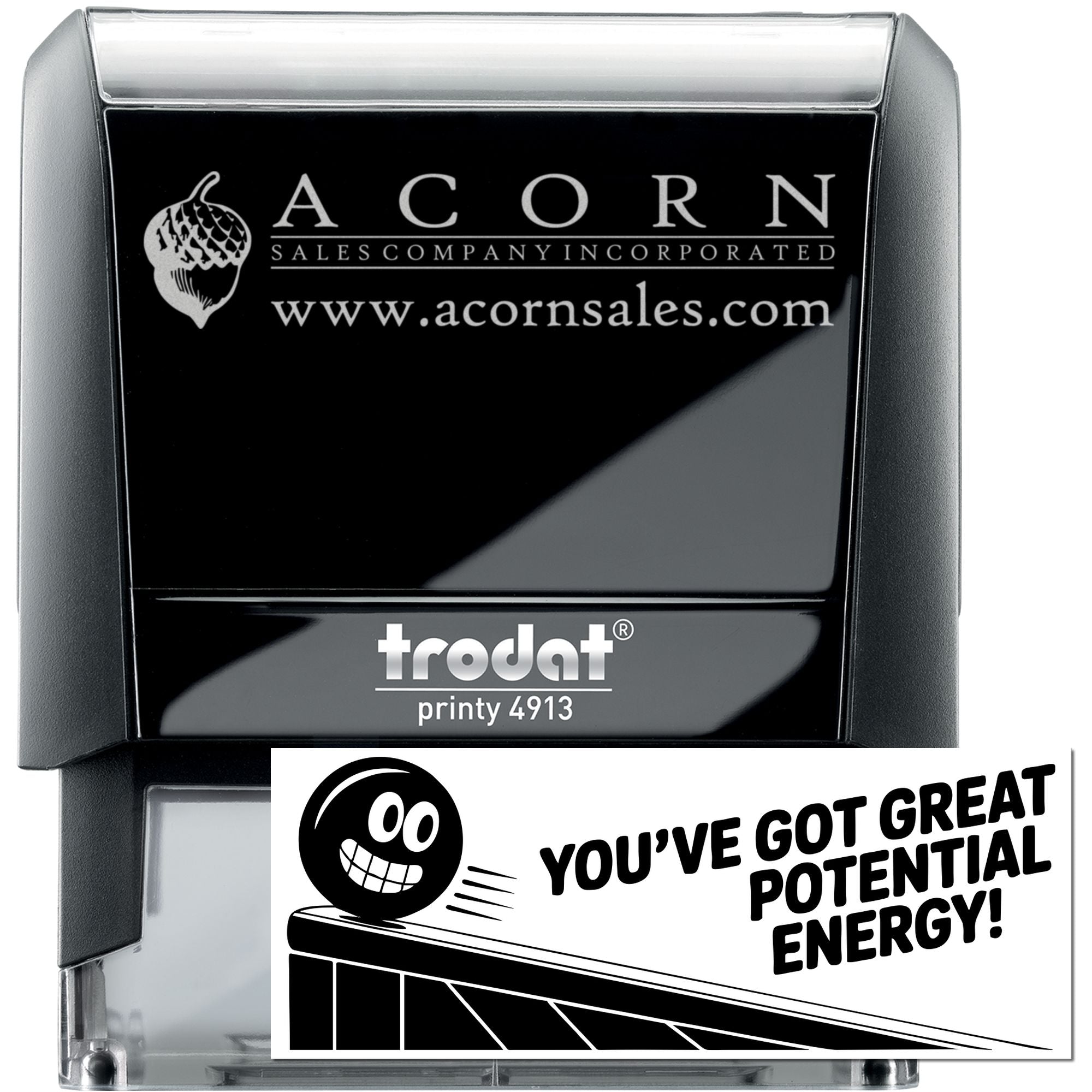 Custom self-inking rubber stamp, Trodat Printy 4913, showing business logo and motivational imprint design for office use.