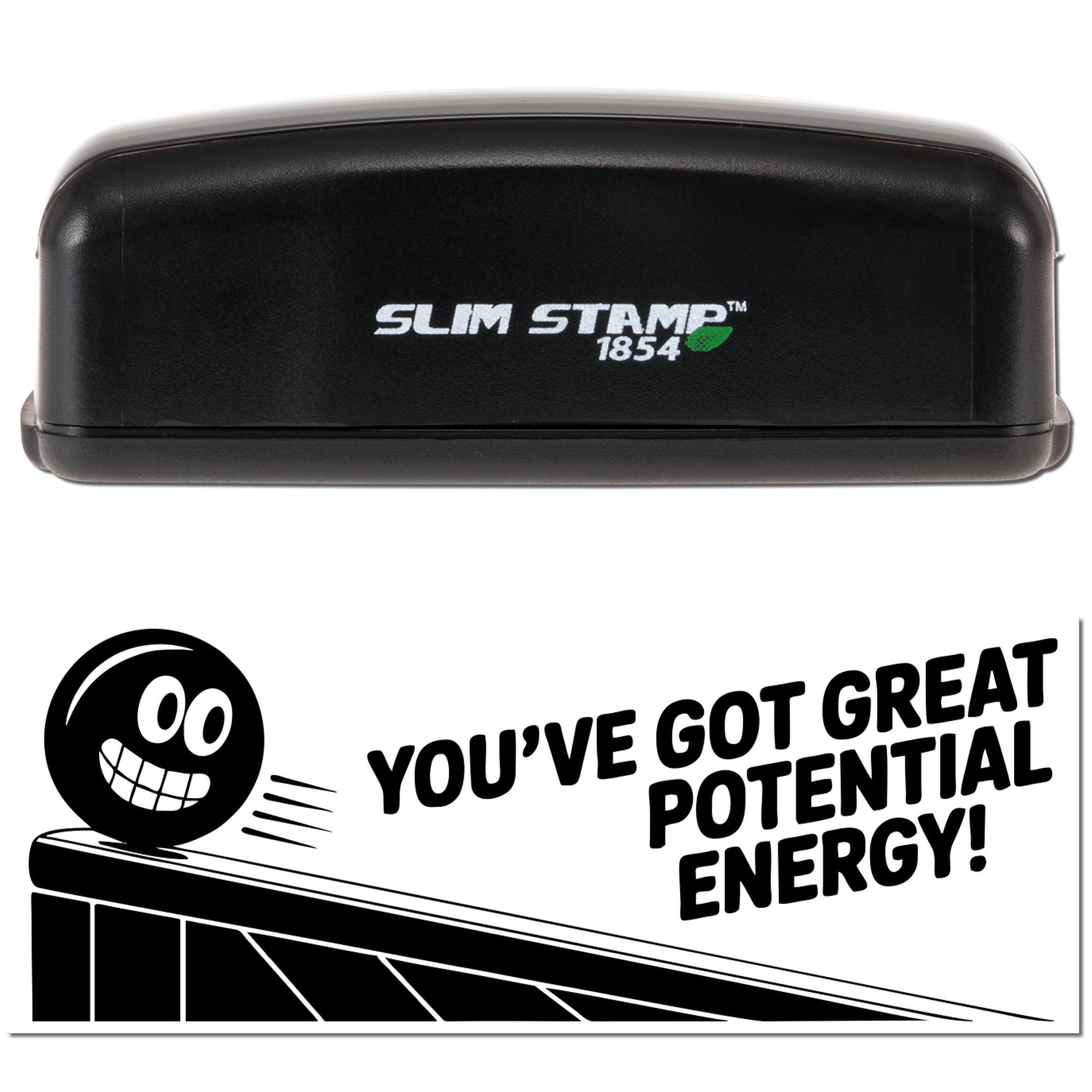 Custom rubber stamp with Youve Got Great Potential Energy! science classroom design and Slim Stamp 1854 case.
