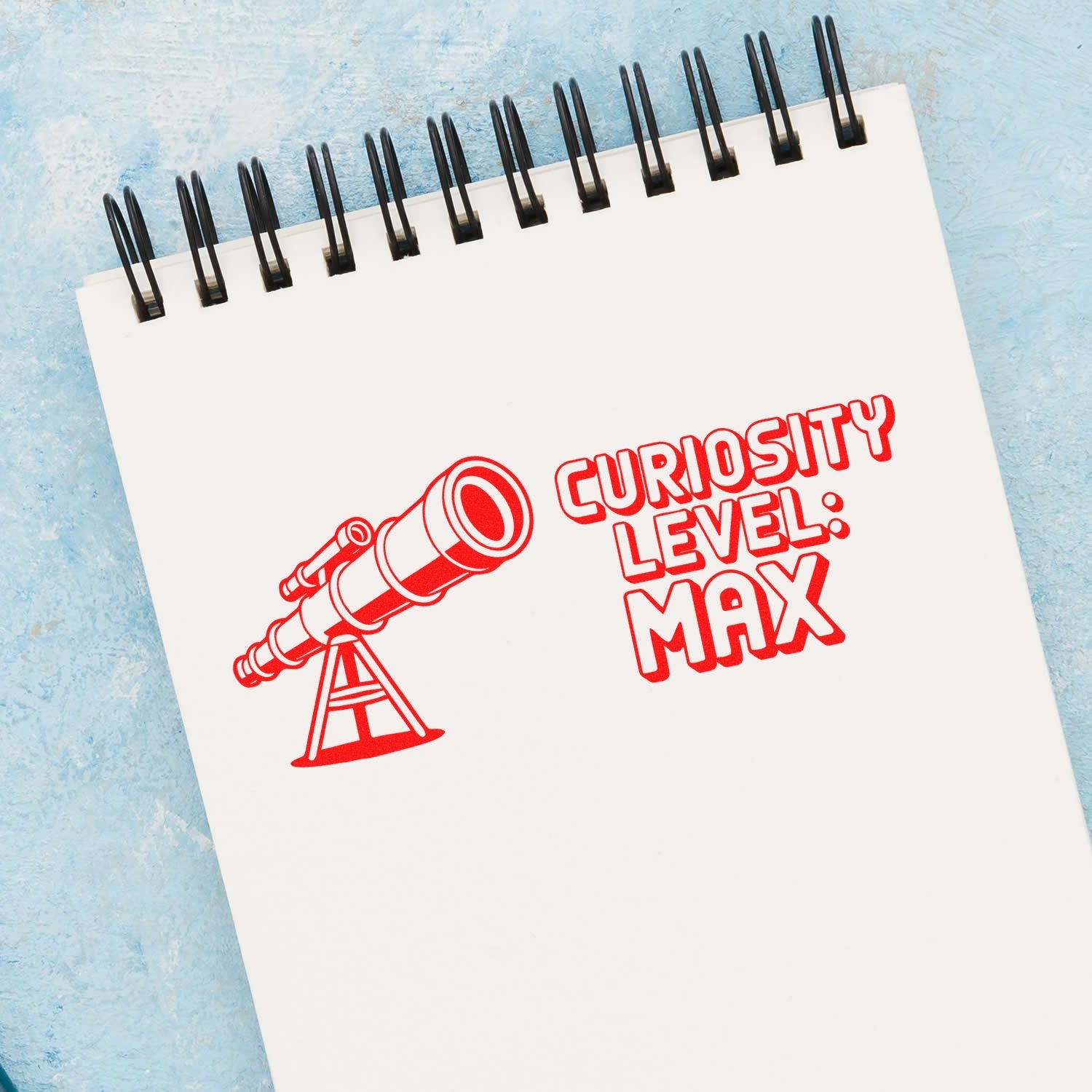 Custom rubber stamp design with telescope and Curiosity Level: Max slogan for science, classroom, and curiosity-themed projects.
