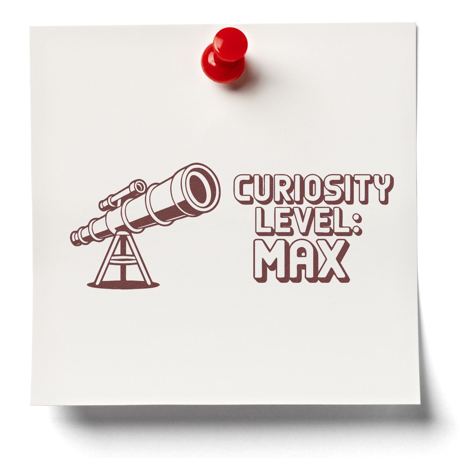 Custom rubber stamp design with telescope and Curiosity Level: Max text, ideal for science-themed crafts and stationery.