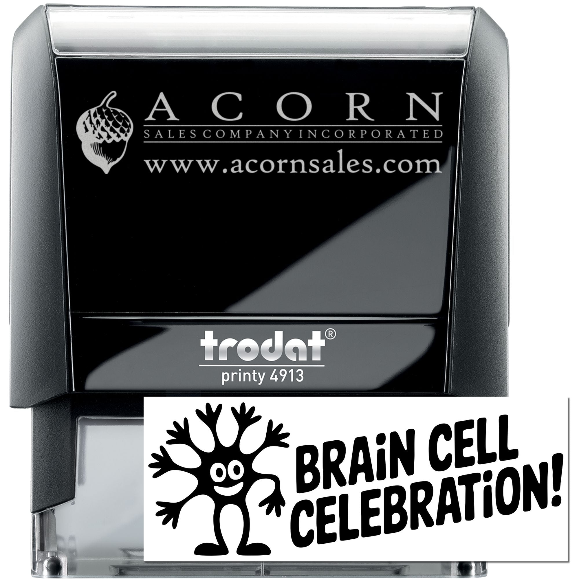 Custom self-inking rubber stamp featuring Acorn Sales logo and Brain Cell Celebration design for business branding.