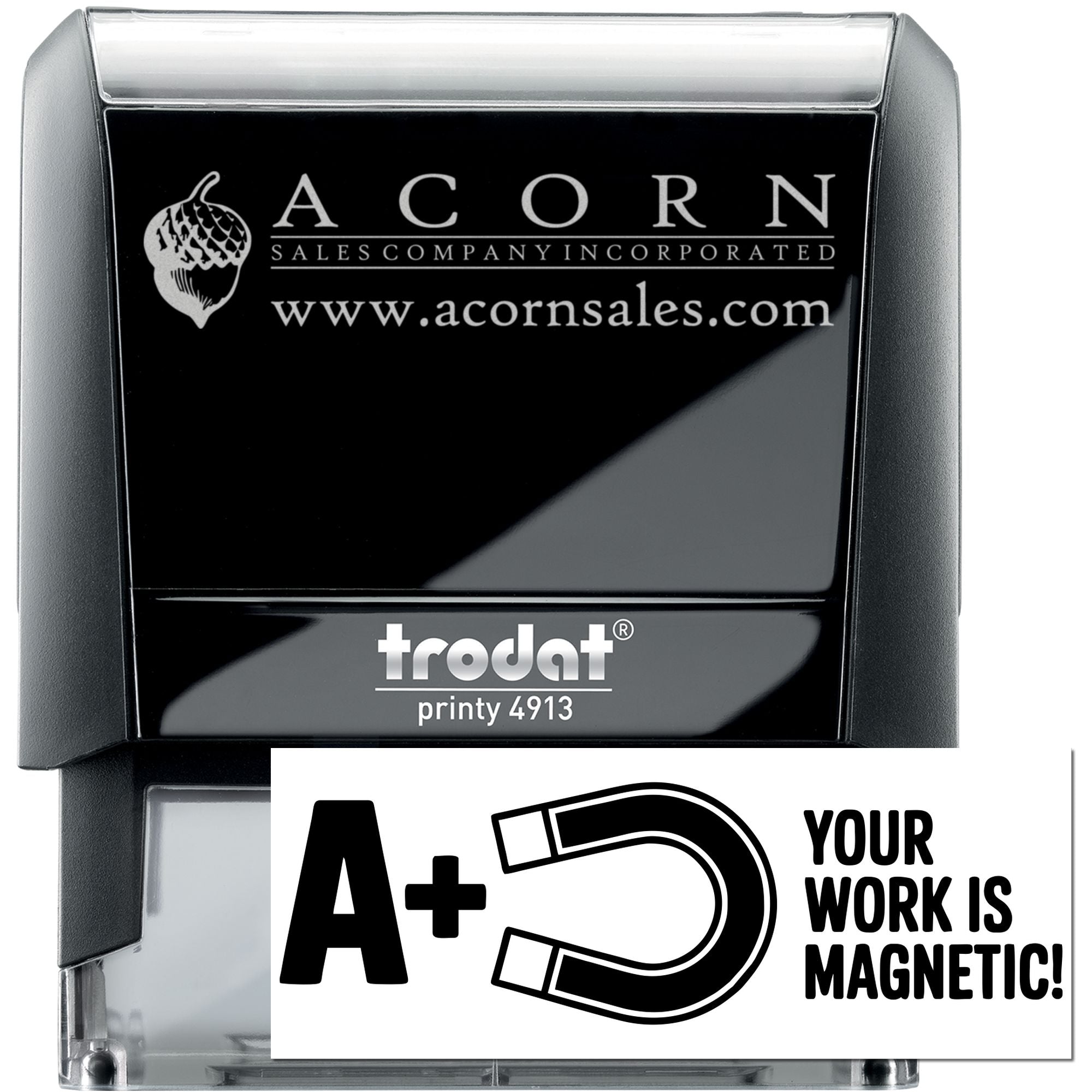 Custom self-inking rubber stamp with Acorn Sales logo and website, Trodat Printy 4913, for business branding.