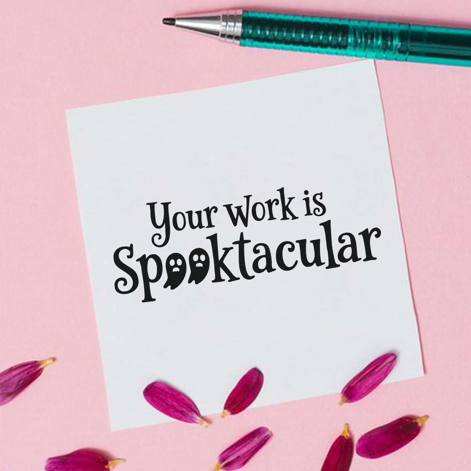Rubber stamp with Your work is spectacular message on note card, perfect for handmade thank-you cards and creative projects.