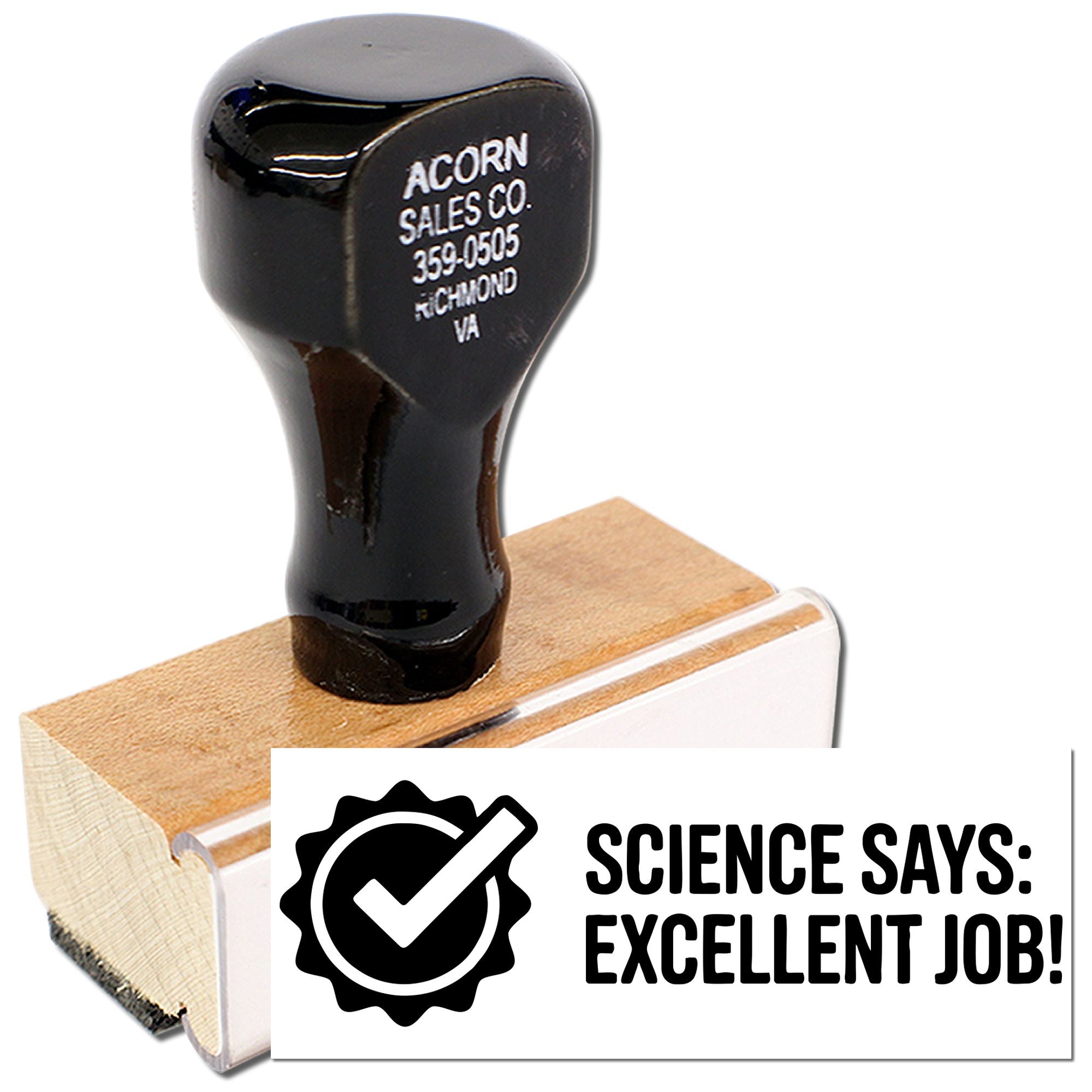 Custom rubber stamp with Science Says: Excellent Job! checkmark design for classroom grading and teacher feedback.