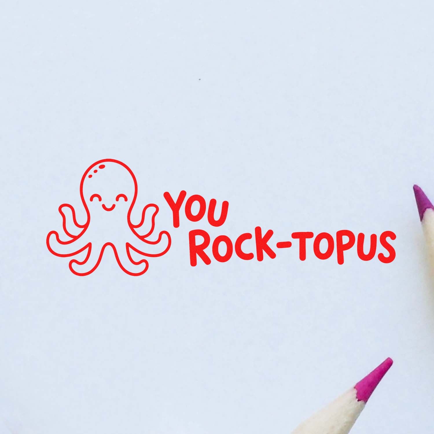 Octopus rubber stamp design with You Rock-topus message, a playful motivational stamp for teachers, cards, and crafts.