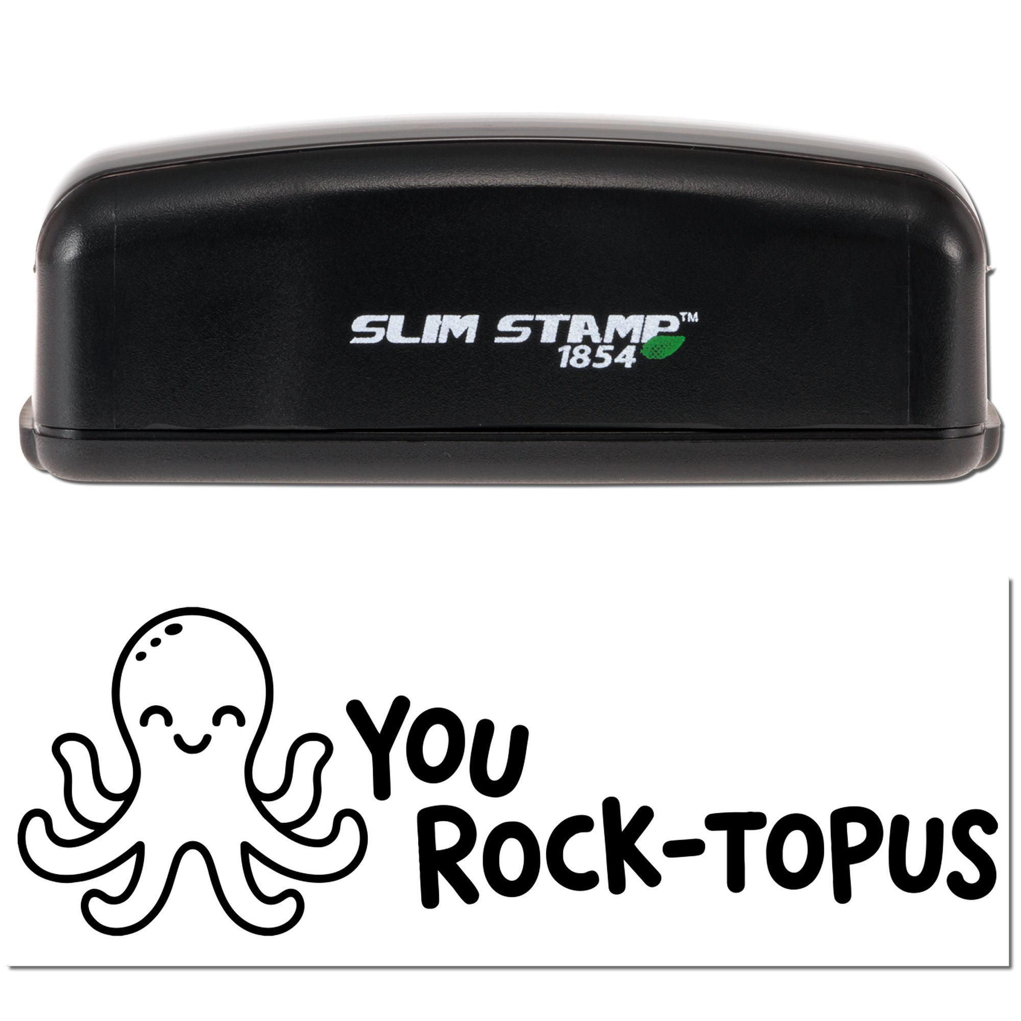 Slim Stamp 1854 self-inking rubber stamp with custom octopus You Rock-topus imprint for fun business branding.