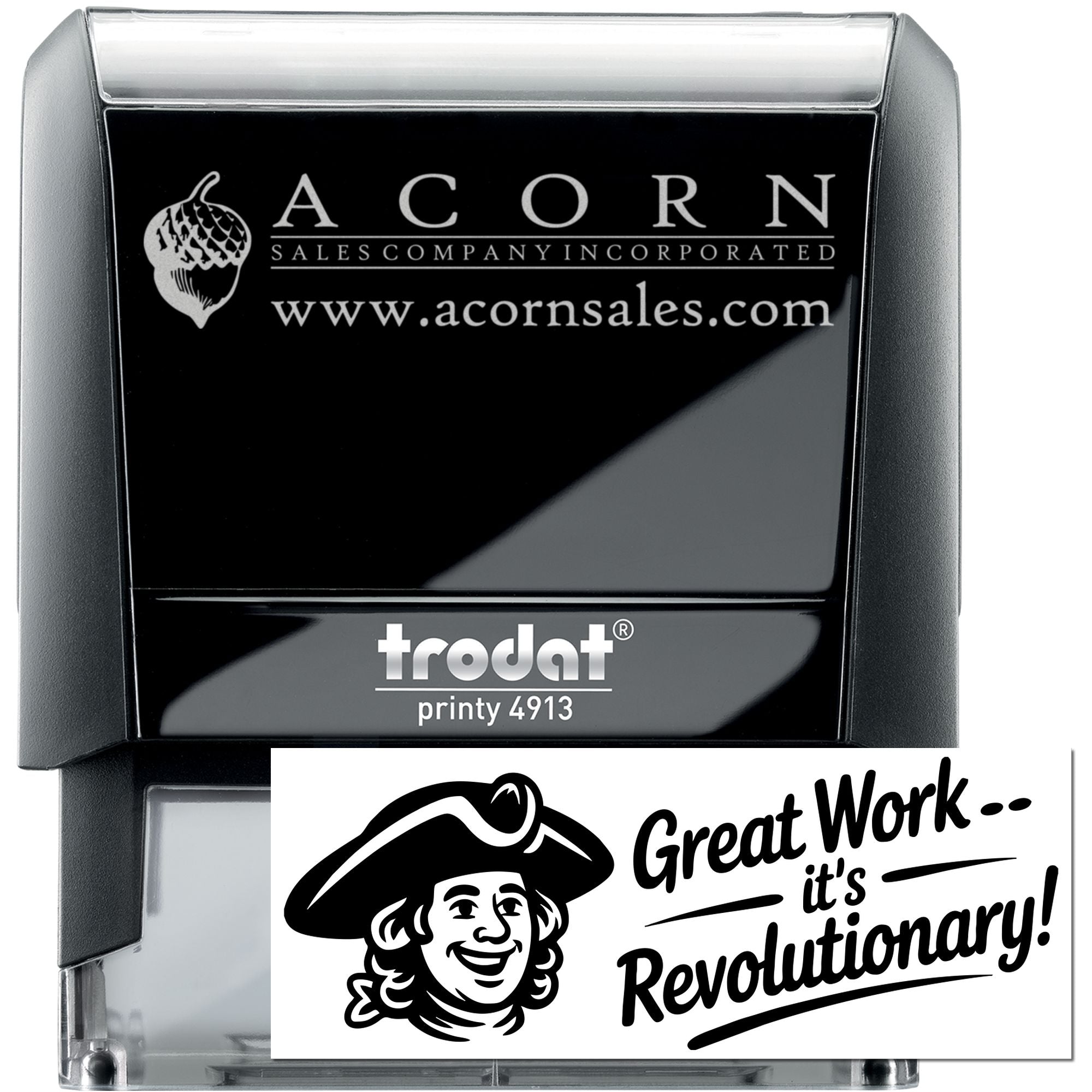 Custom self-inking rubber stamp, Trodat Printy 4913, with Acorn Sales logo and website for business branding.