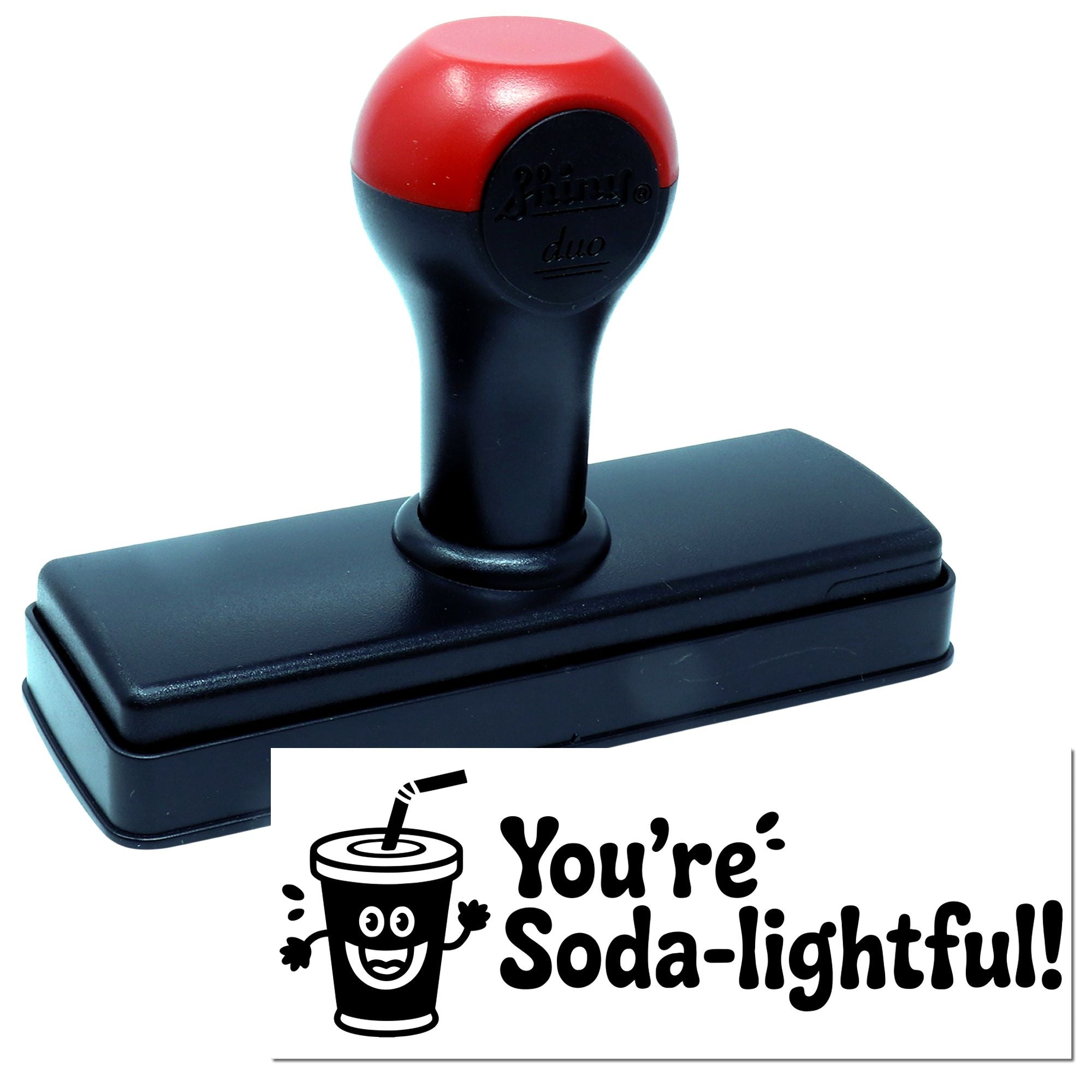 Self-inking rubber stamp with Youre Soda-lightful! cup design for playful custom business, teacher, or reward stamping.