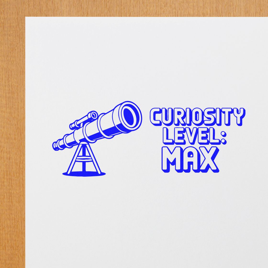 Curiosity Level: Max rubber stamp design with telescope icon for science, classroom, and astronomy projects.