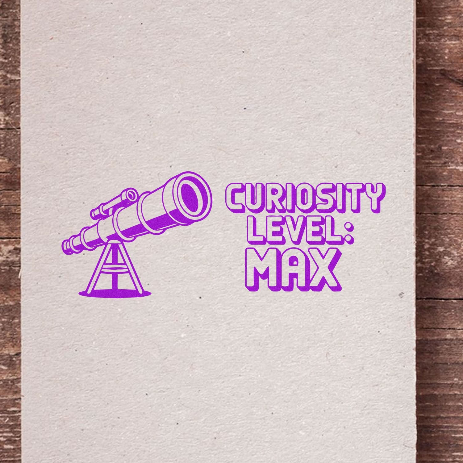 Purple telescope rubber stamp design with Curiosity Level: Max text for science, teacher, and explorer crafts.