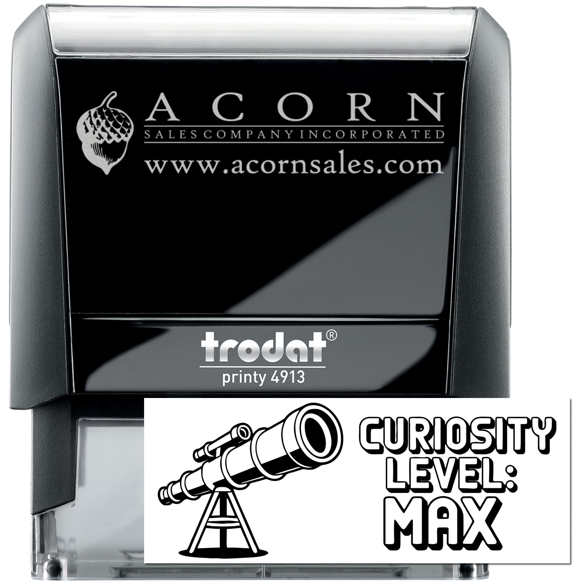 Custom self-inking rubber stamp on Trodat Printy 4913 with Acorn Sales logo and Curiosity Level: Max design
