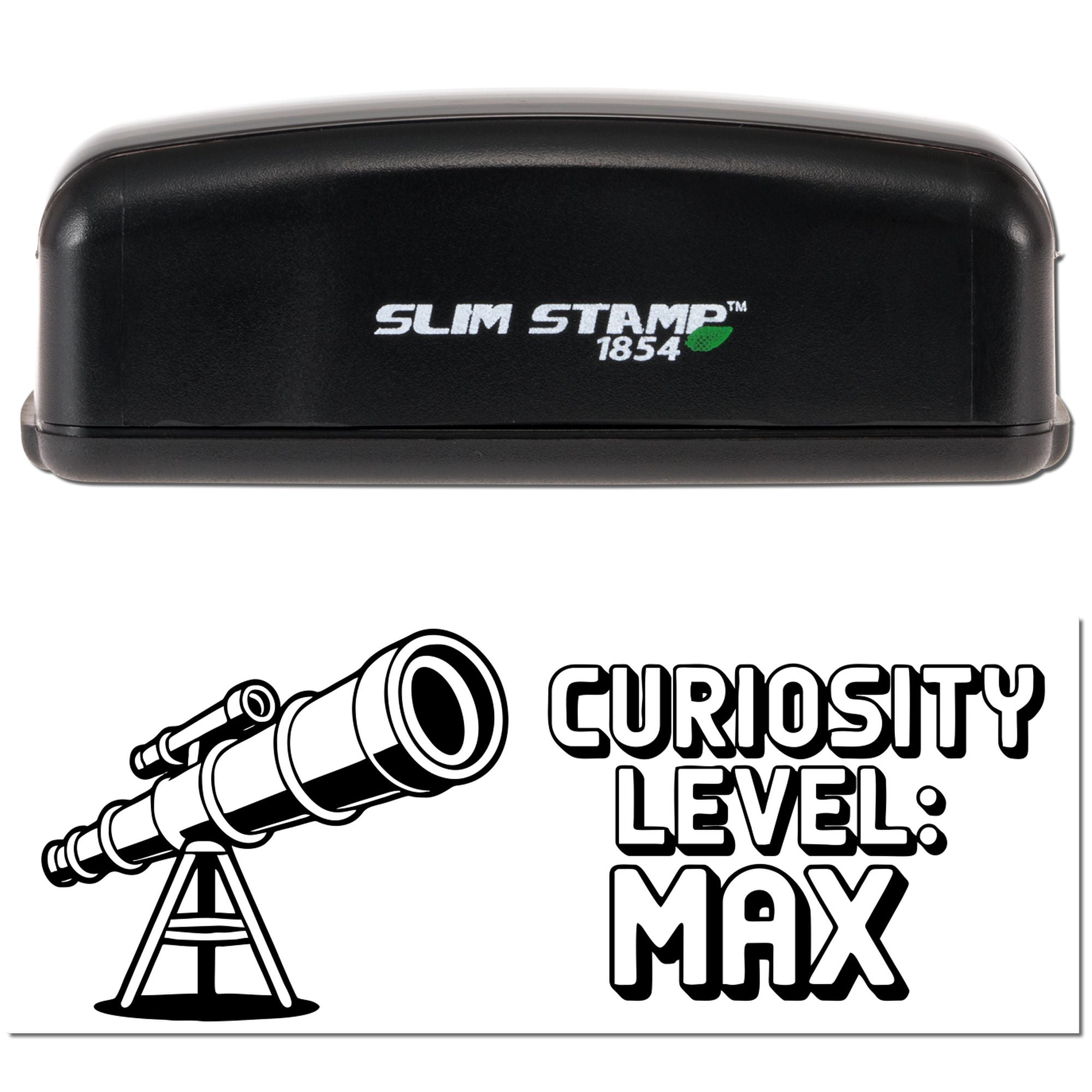 Slim Stamp rubber stamp with telescope graphic and Curiosity Level: Max design for science-themed crafts