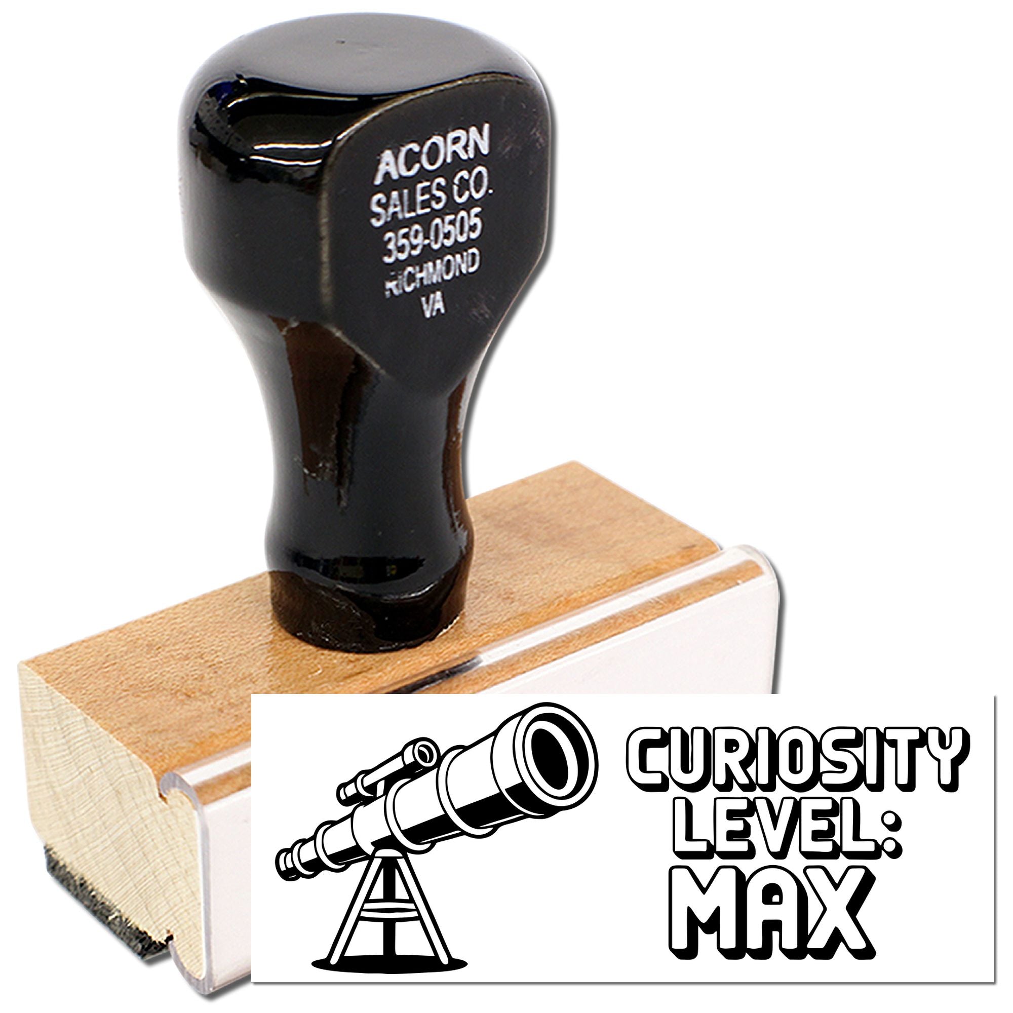 Wooden handle rubber stamp with telescope graphic and Curiosity Level: Max design for novelty crafting.