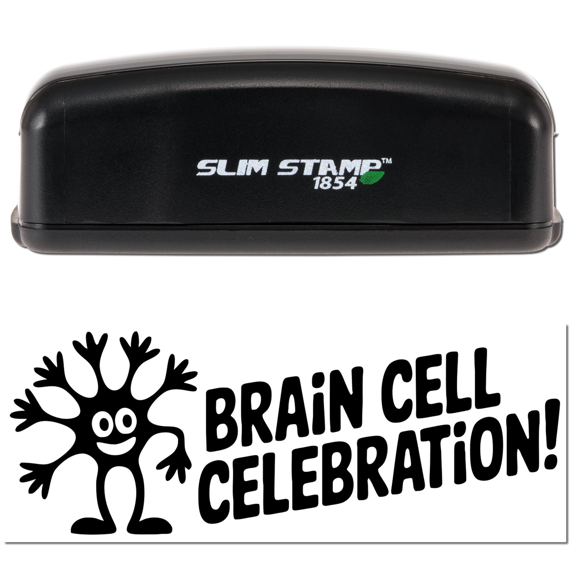 Custom Slim Stamp 1854 self-inking rubber stamp with Brain Cell Celebration! design and cartoon brain imprint.