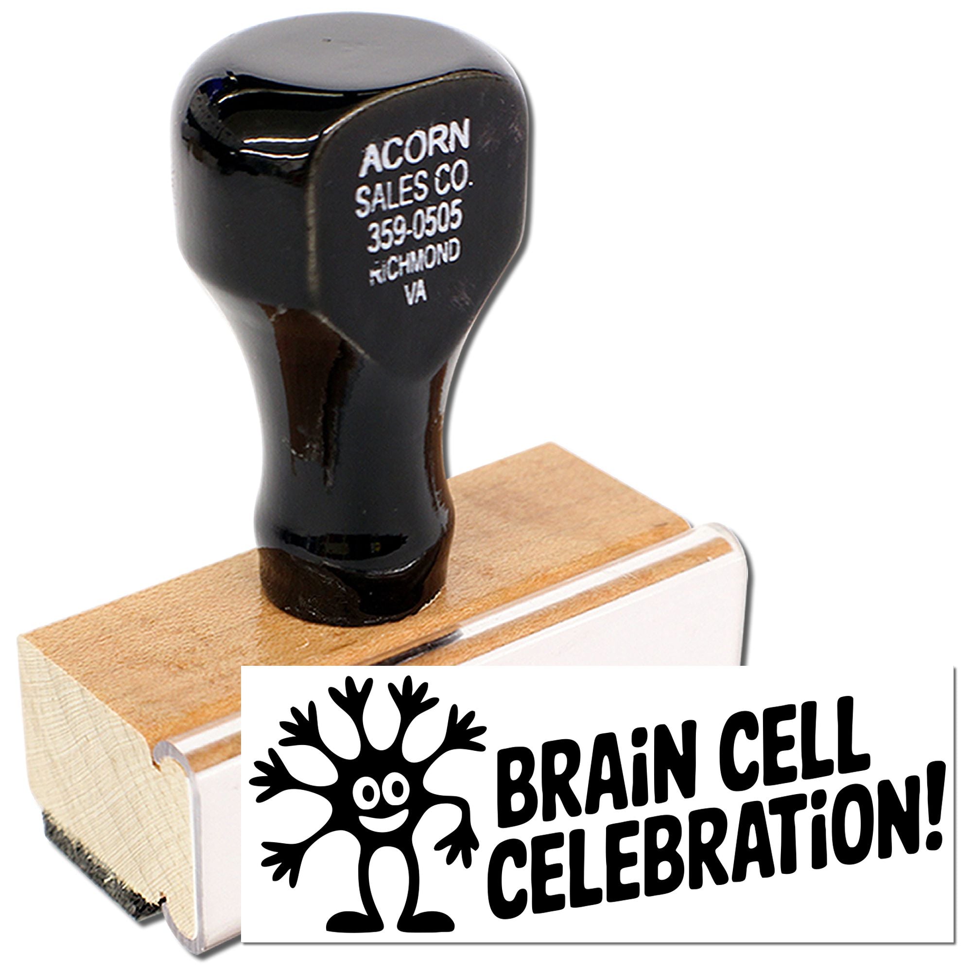 Custom wood rubber stamp with Brain Cell Celebration! design for fun office, classroom, or novelty imprinting.