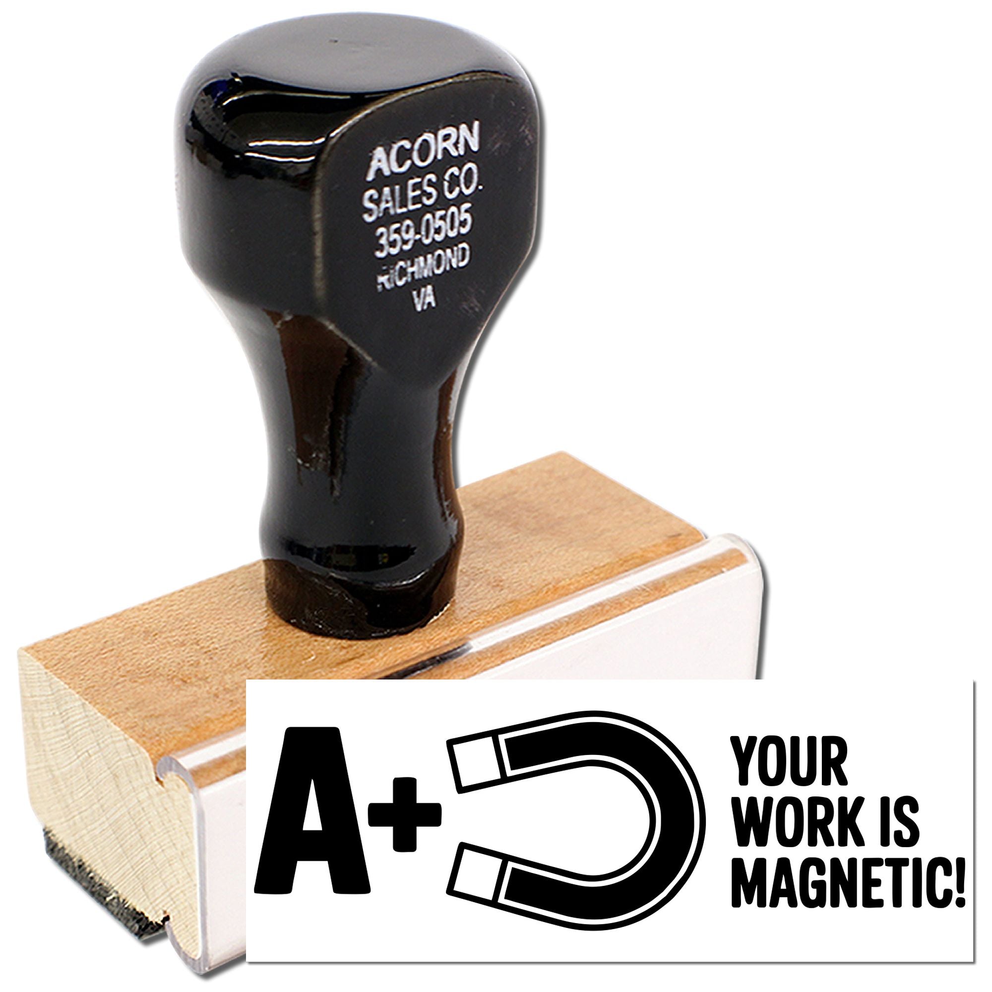 Teacher rubber stamp with A+ magnet design, ideal for grading papers and rewarding student work in the classroom.