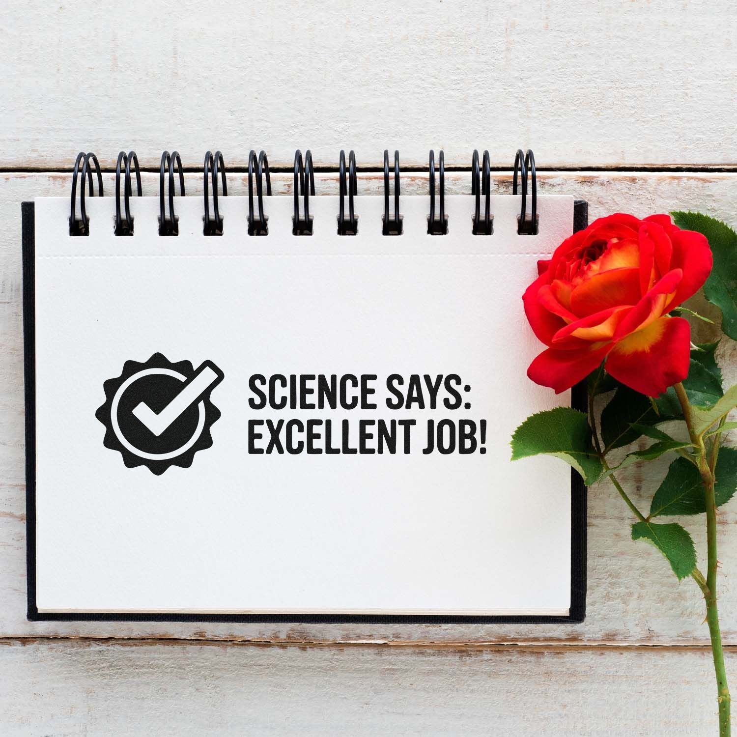 Science says excellent job rubber stamp for teacher rewards, classroom praise, and motivational student feedback.