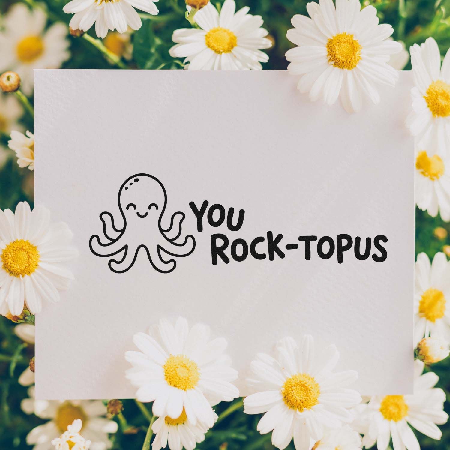 Cute octopus rubber stamp design reading You Rock-topus for handmade greeting cards, stationery, and craft projects.