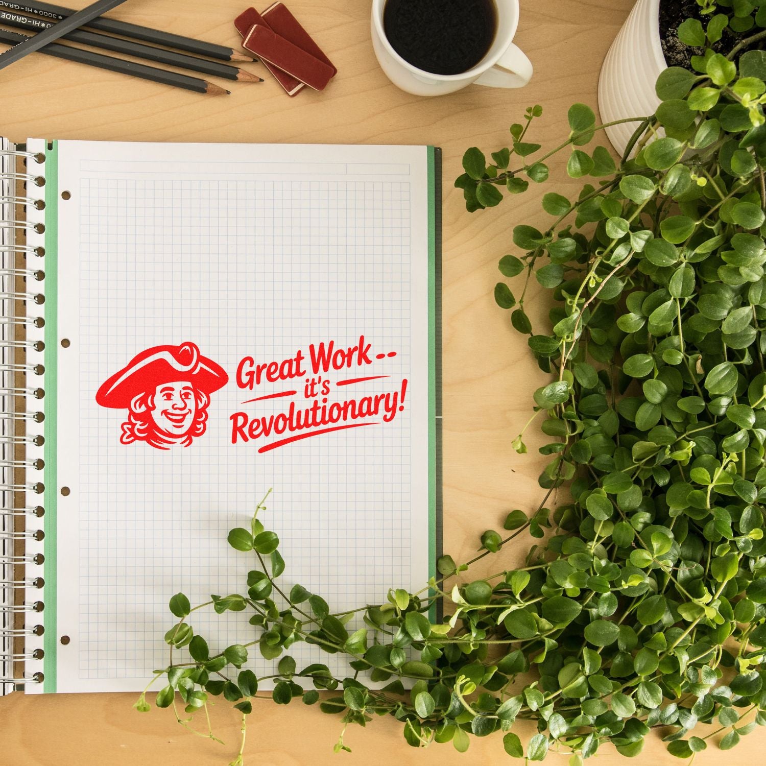 Red rubber stamp with Great WorkIts Revolutionary! on notebook page, ideal for teacher grading and classroom feedback.