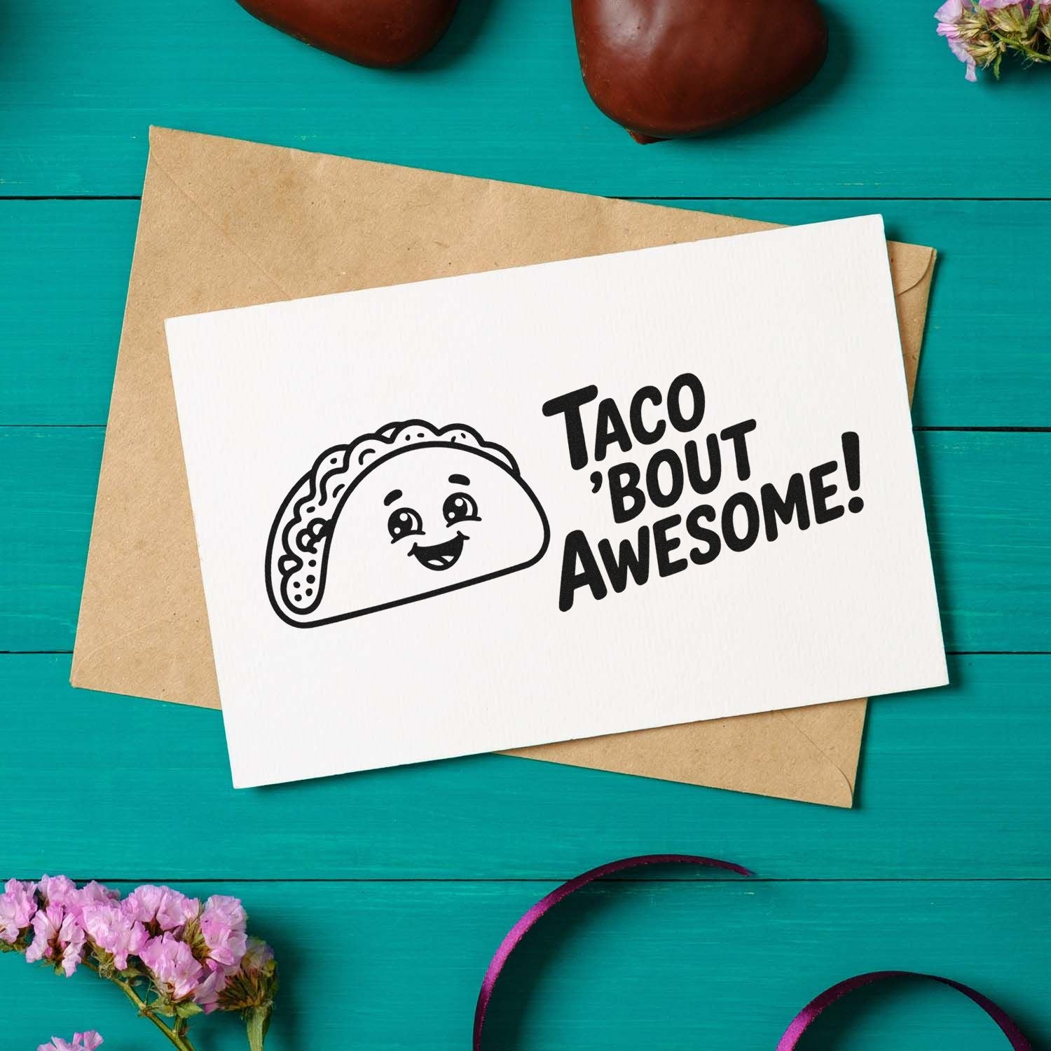 Cute taco rubber stamp design reading Taco bout Awesome! for handmade greeting cards, crafting, and fun stationery.