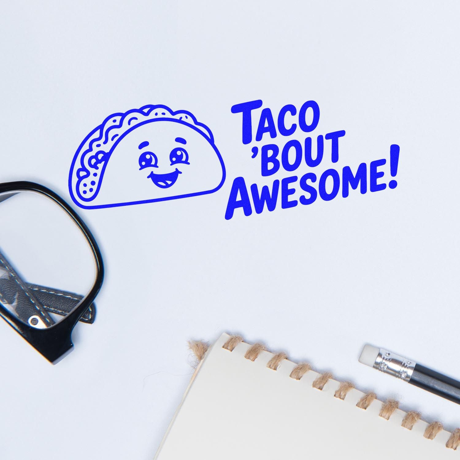 Blue taco Taco bout Awesome! rubber stamp with smiling taco design for fun custom crafting, cards, and handmade projects.