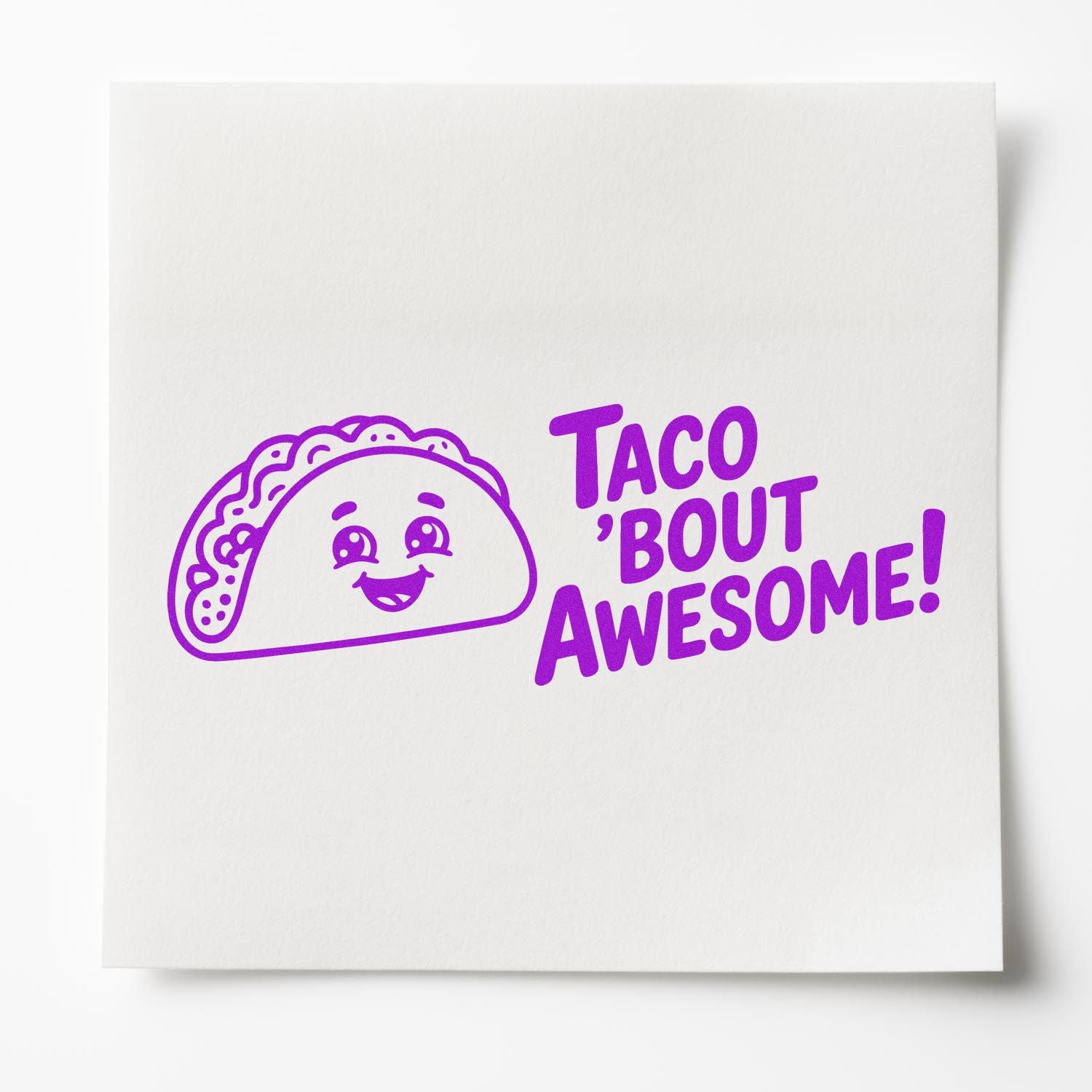 Purple taco rubber stamp design with Taco bout Awesome! text for fun cards, crafts, and custom packaging.