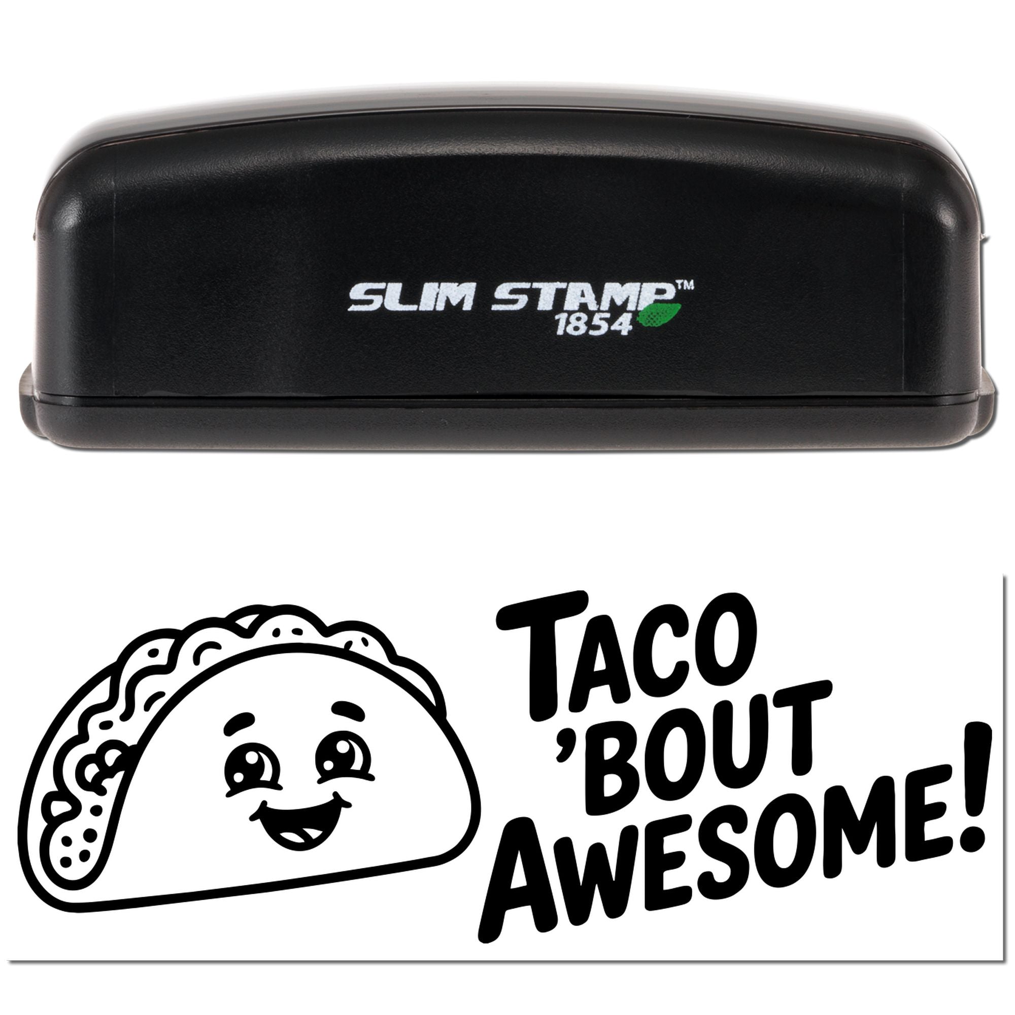 Slim Stamp 1854 rubber stamp featuring Taco Bout Awesome taco design for fun custom branding