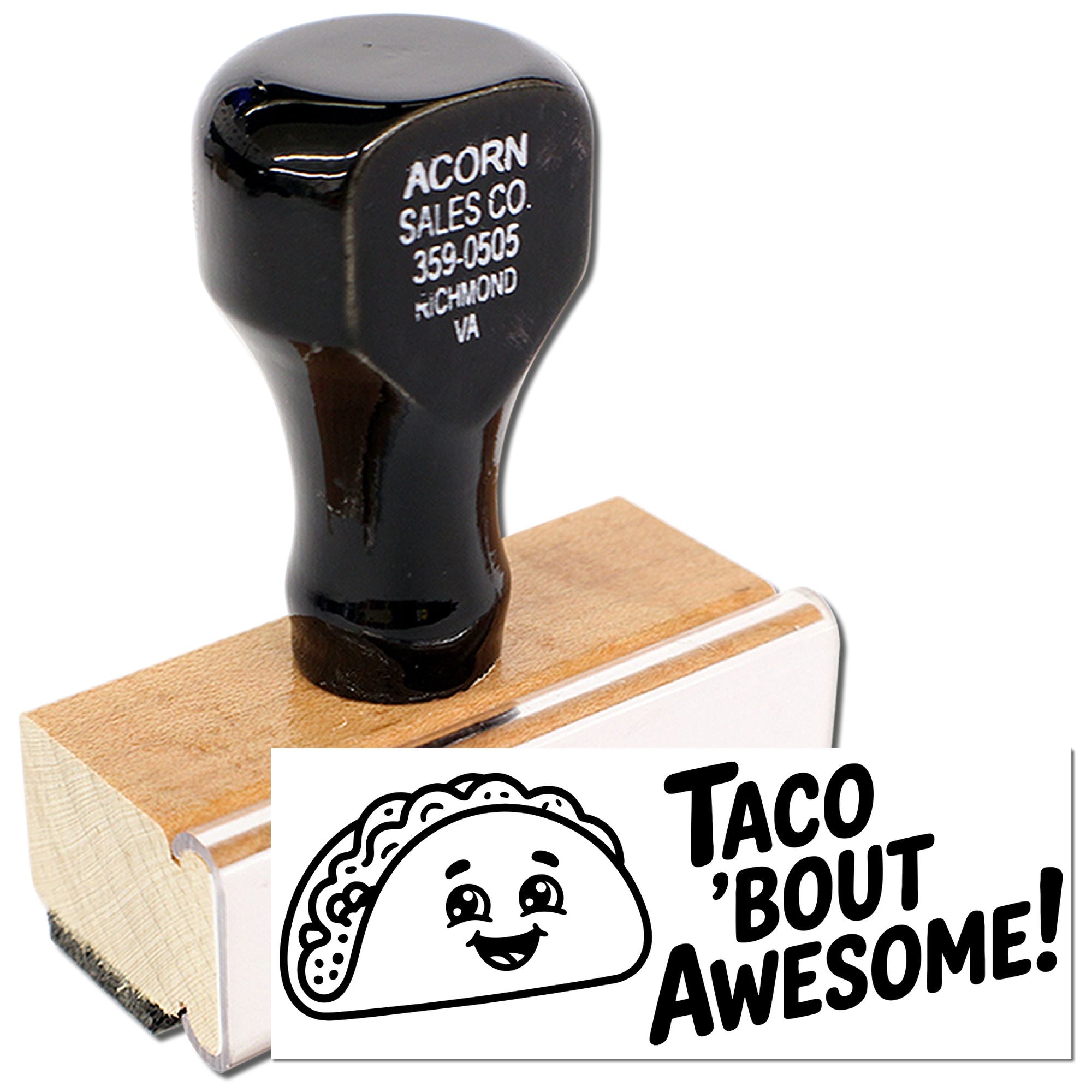Custom rubber stamp with wood handle, featuring business imprint and Taco Bout Awesome! taco design sample.