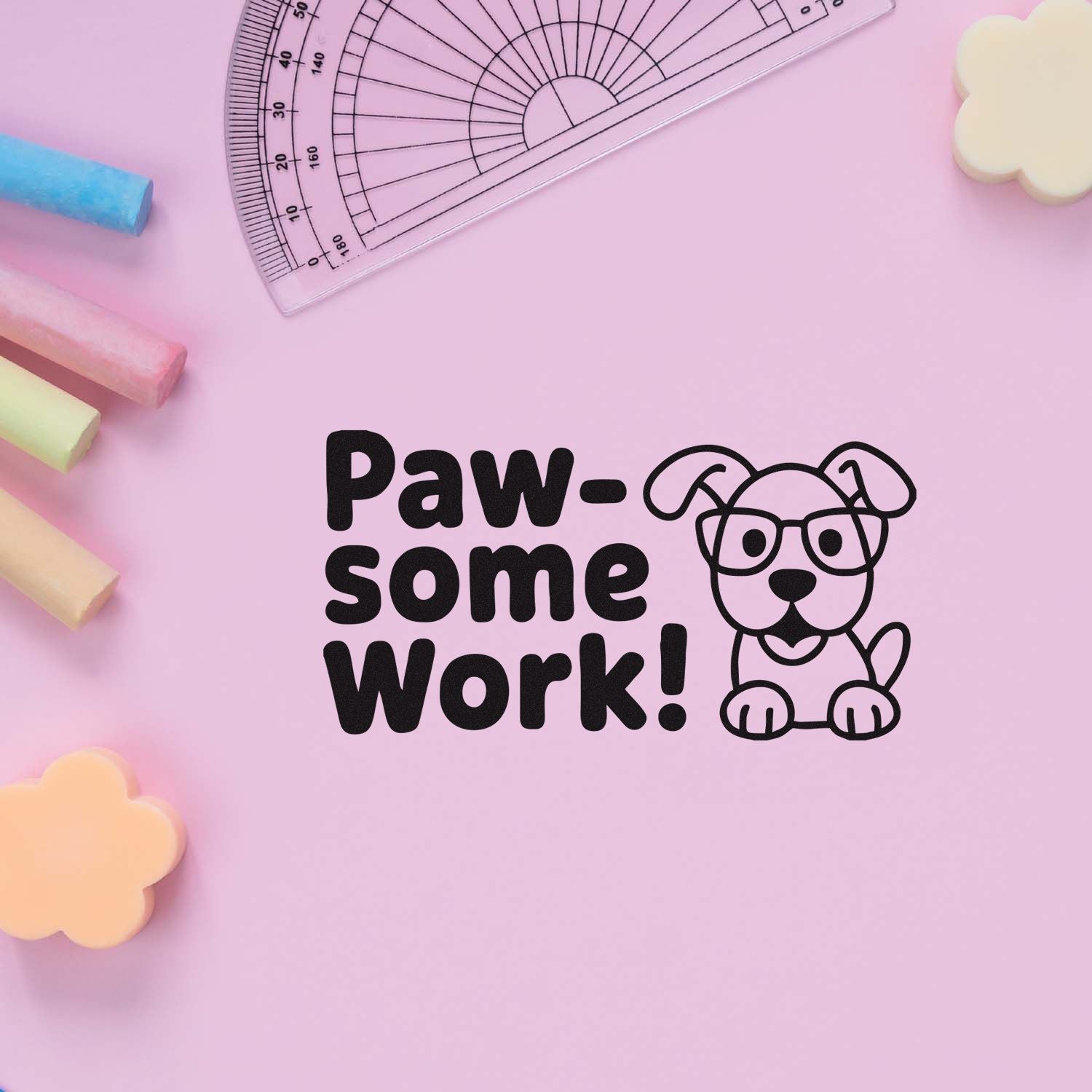 Paw-some Work! dog rubber stamp for teachers to reward student assignments and craft projects.