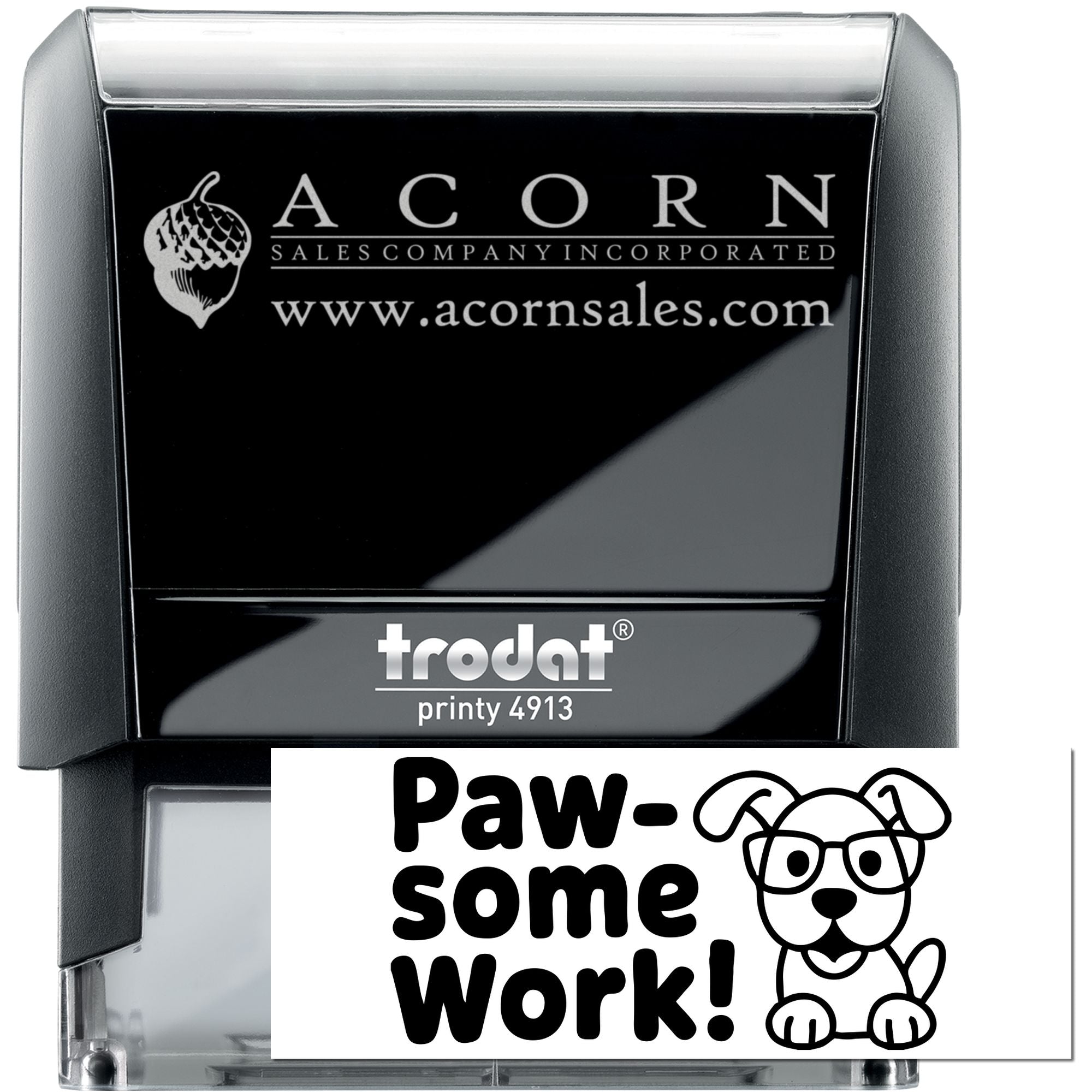 Custom rubber stamp examples, including a Trodat Printy 4913 business logo stamp and a personalized dog design stamp.