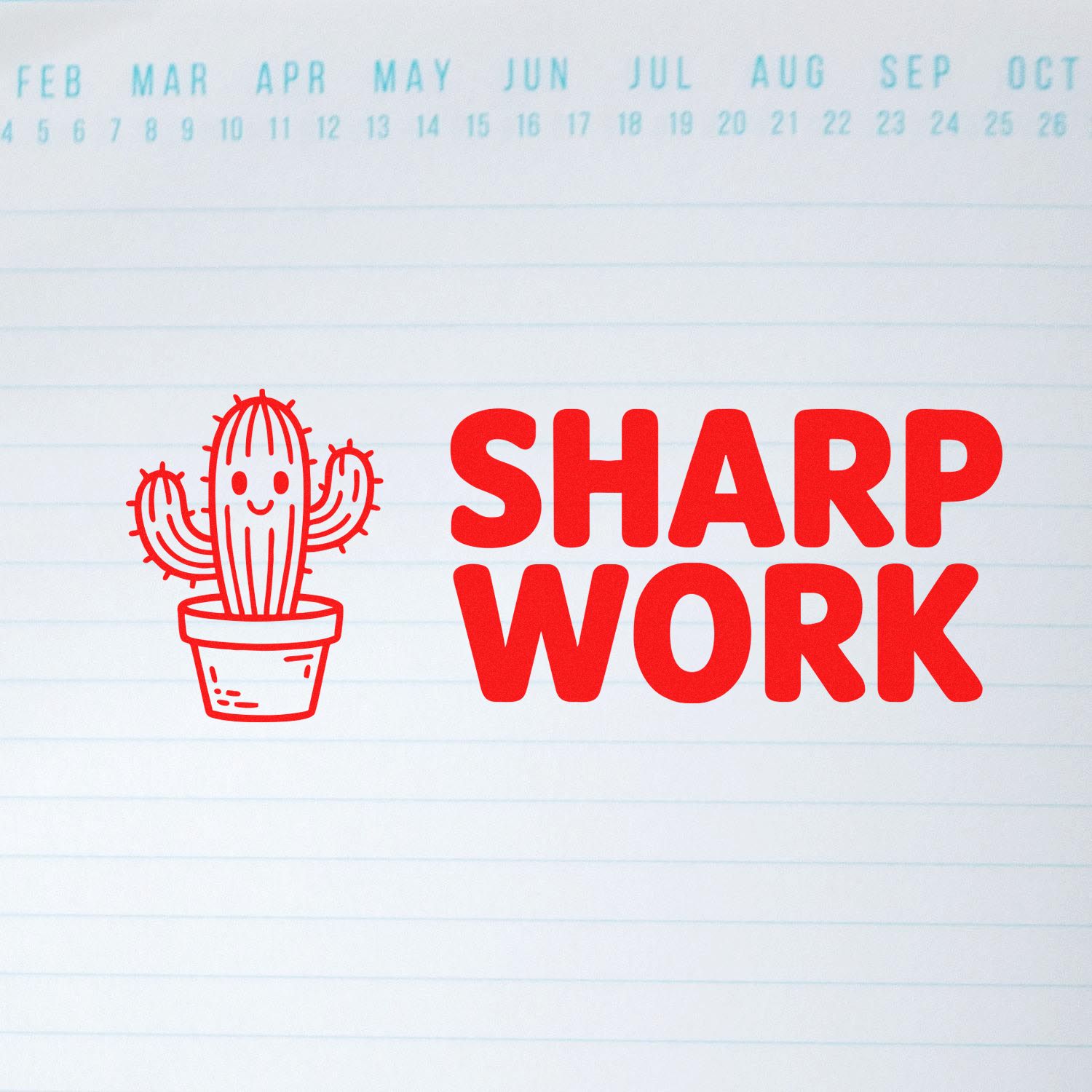 Sharp Work cactus rubber stamp graphic in bold red, ideal for office productivity and custom stationery.