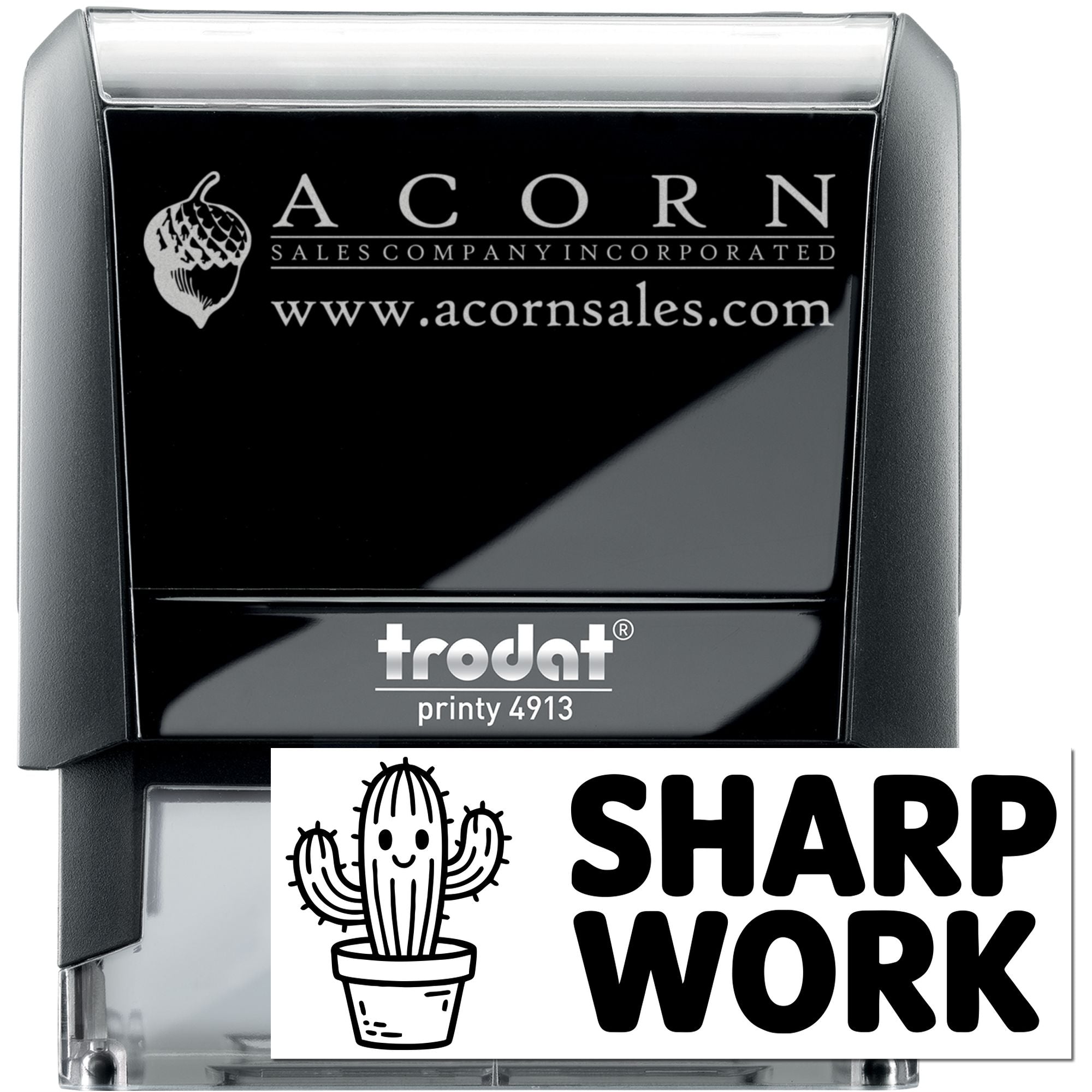 Custom self-inking rubber stamp example showing Acorn Sales logo and Sharp Work cactus design for business branding.