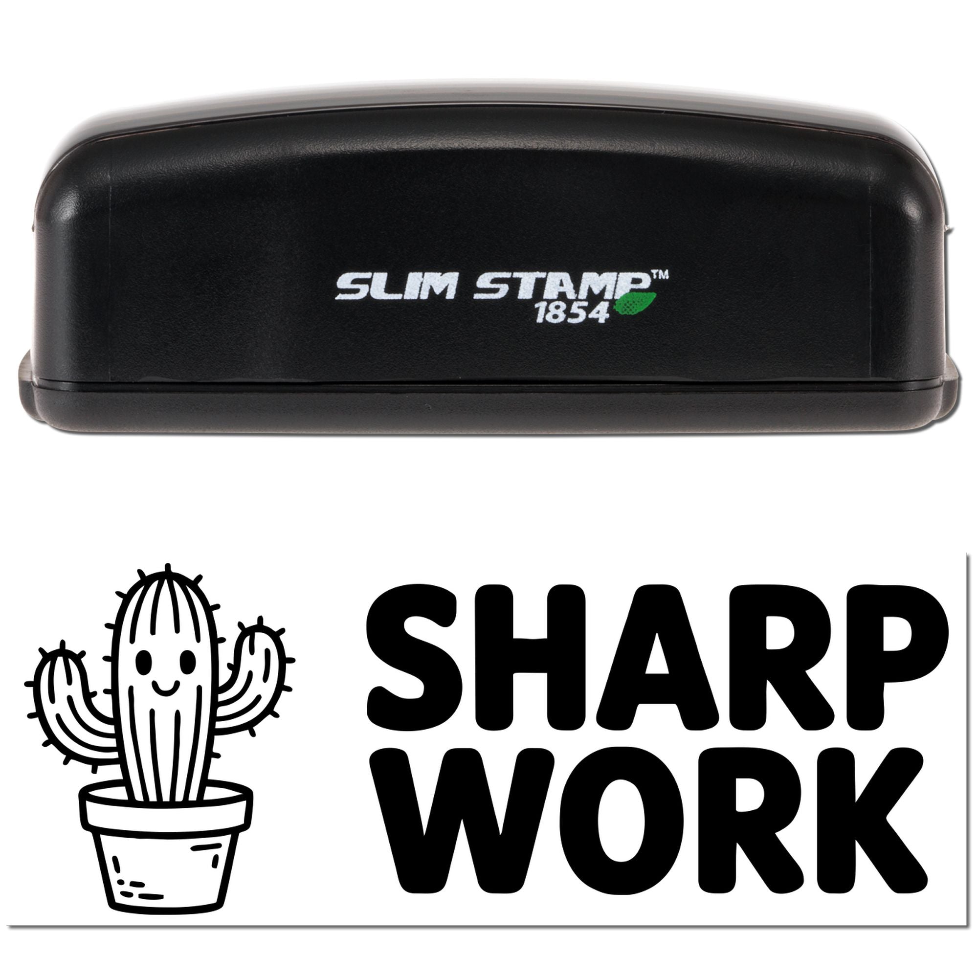 Slim Stamp 1854 self-inking rubber stamp with cactus Sharp Work design for custom office or business branding.
