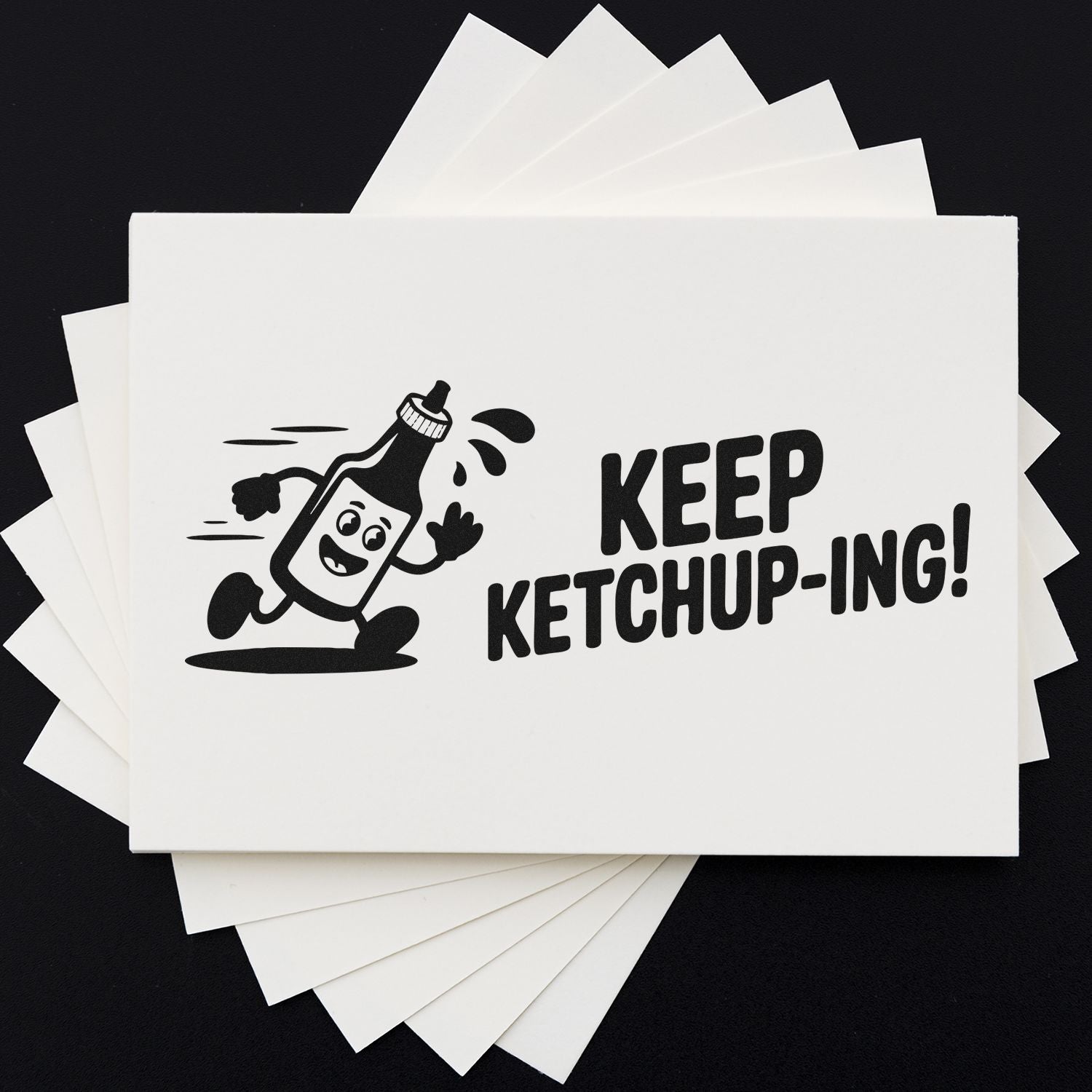 Novelty rubber stamp with ketchup bottle mascot and Keep Ketchup-ing! slogan for food packaging or craft projects.