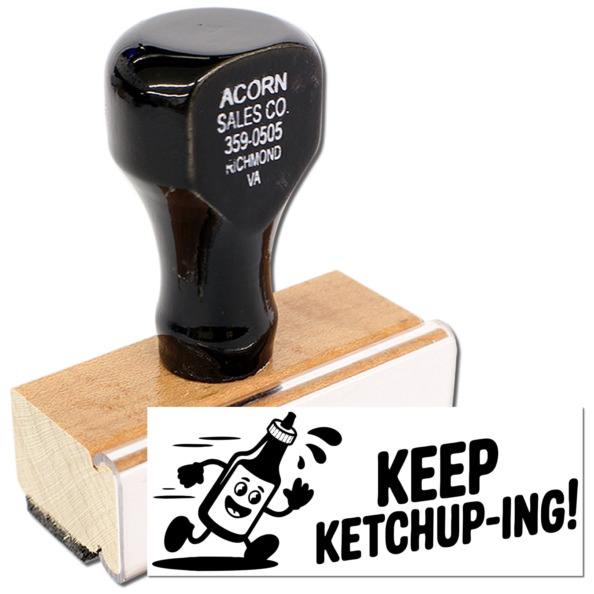 Custom rubber stamp featuring Keep Ketchup-ing! cartoon ketchup design for fun food packaging, branding, and promotions.