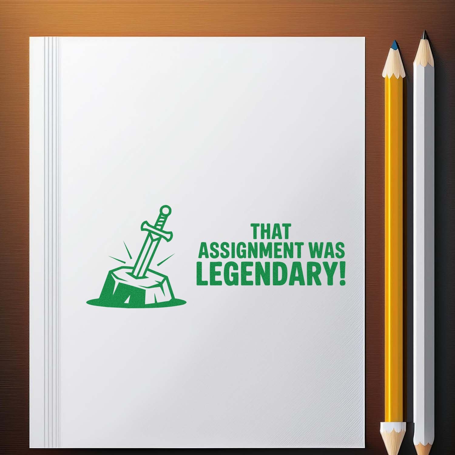 Rubber stamp design with sword in stone and text That assignment was legendary! for teacher praise and student rewards.