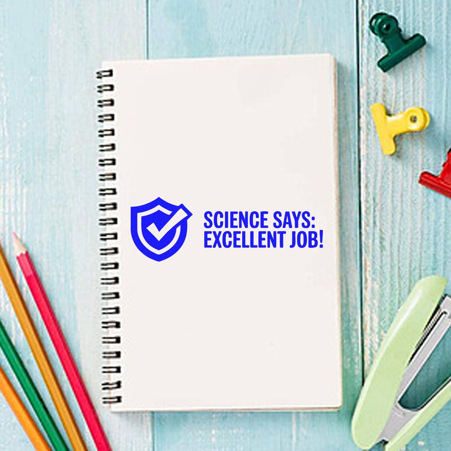Science Says Excellent Job rubber stamp design for student encouragement, classroom rewards, and grading notebooks.