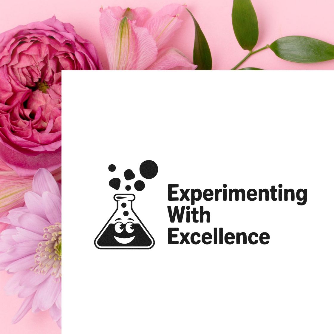 Experimenting With Excellence science rubber stamp with beaker icon, perfect for lab teachers, STEM projects, and student awards.
