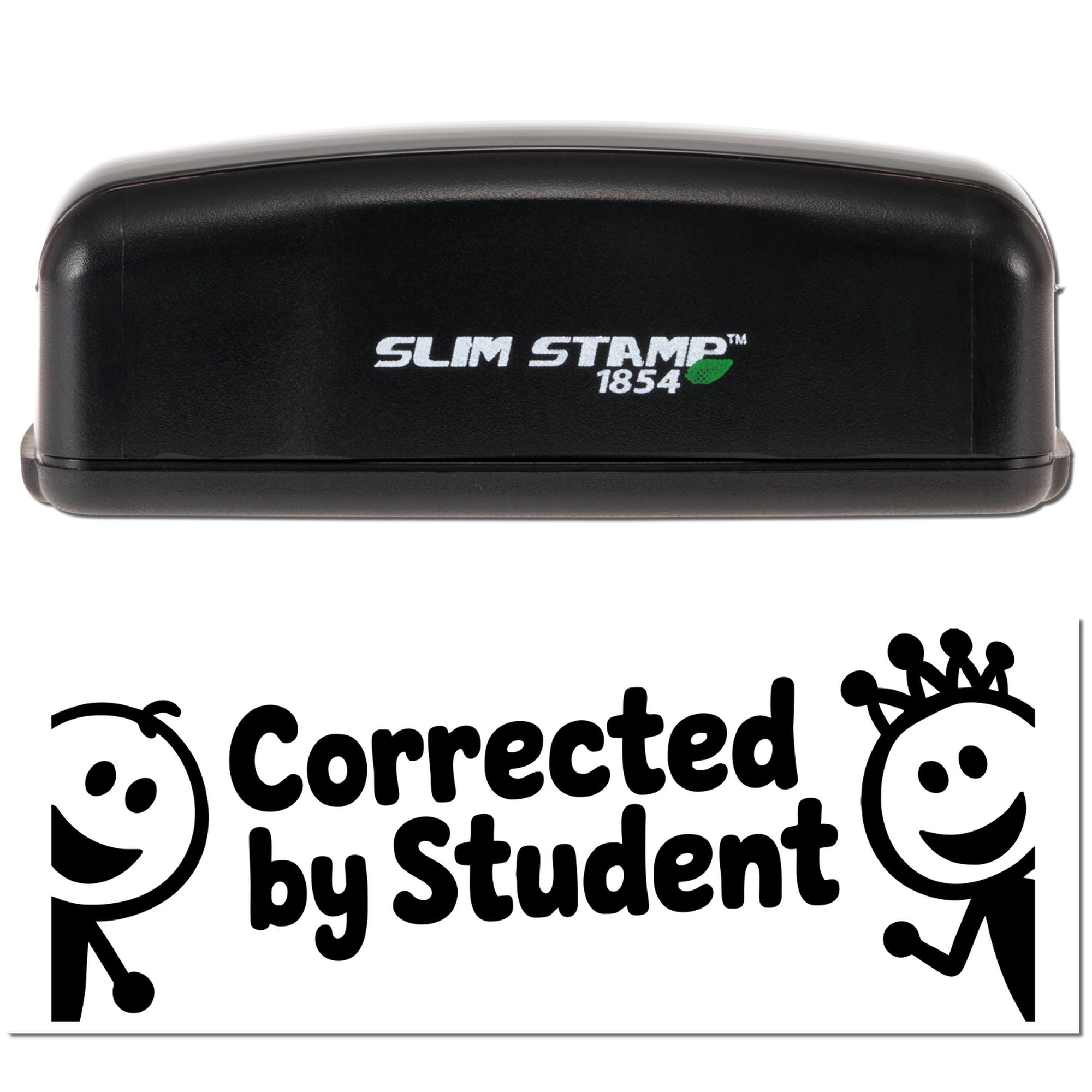 Slim Stamp 1854 rubber stamp with Corrected by Student teacher correction imprint for classroom grading.