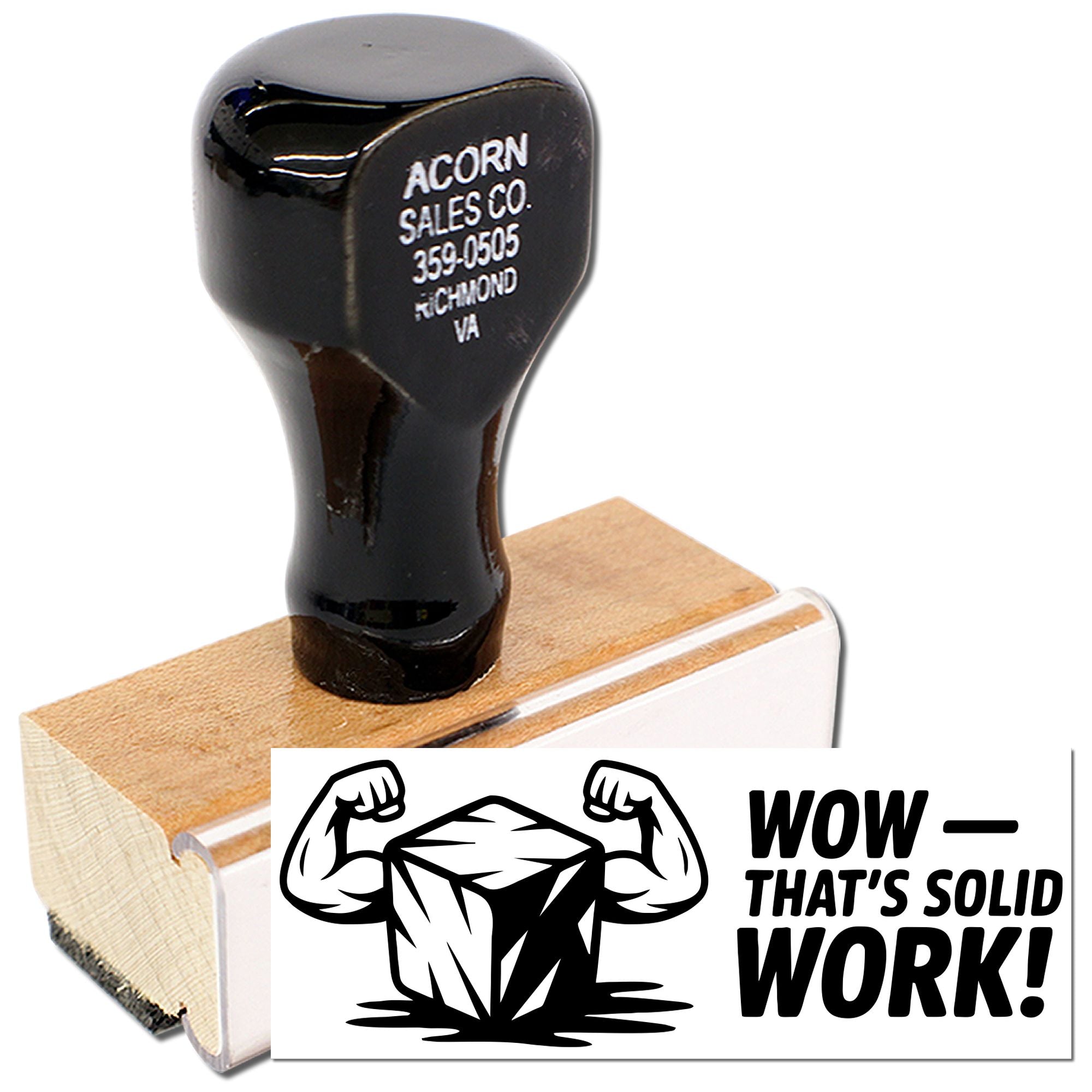 Custom rubber stamp featuring Wow Thats Solid Work! design for bold approval marking in office or craft projects.