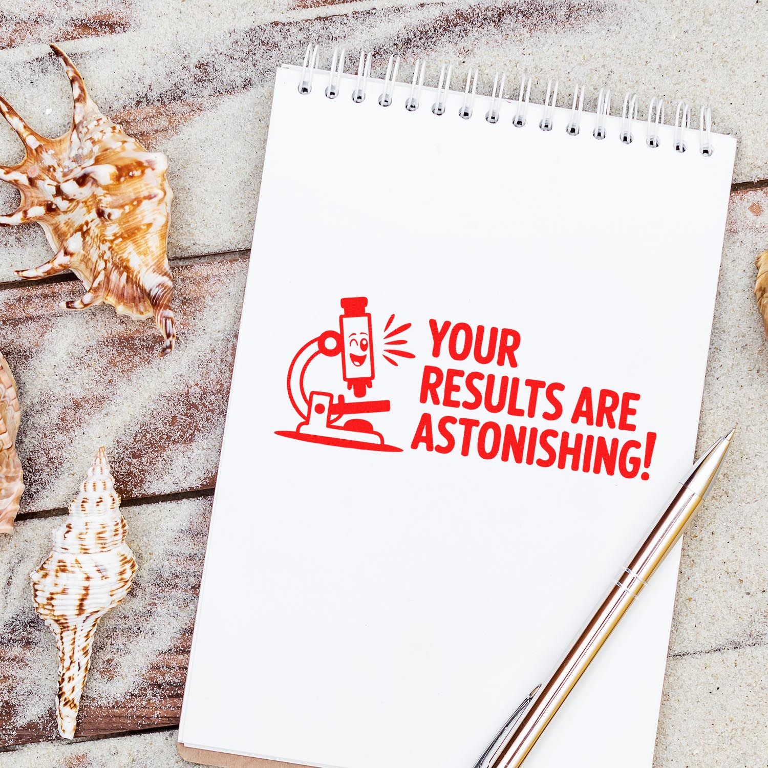 Red rubber stamp design saying Your Results Are Astonishing! on notebook, ideal for custom teacher or business feedback stamps.