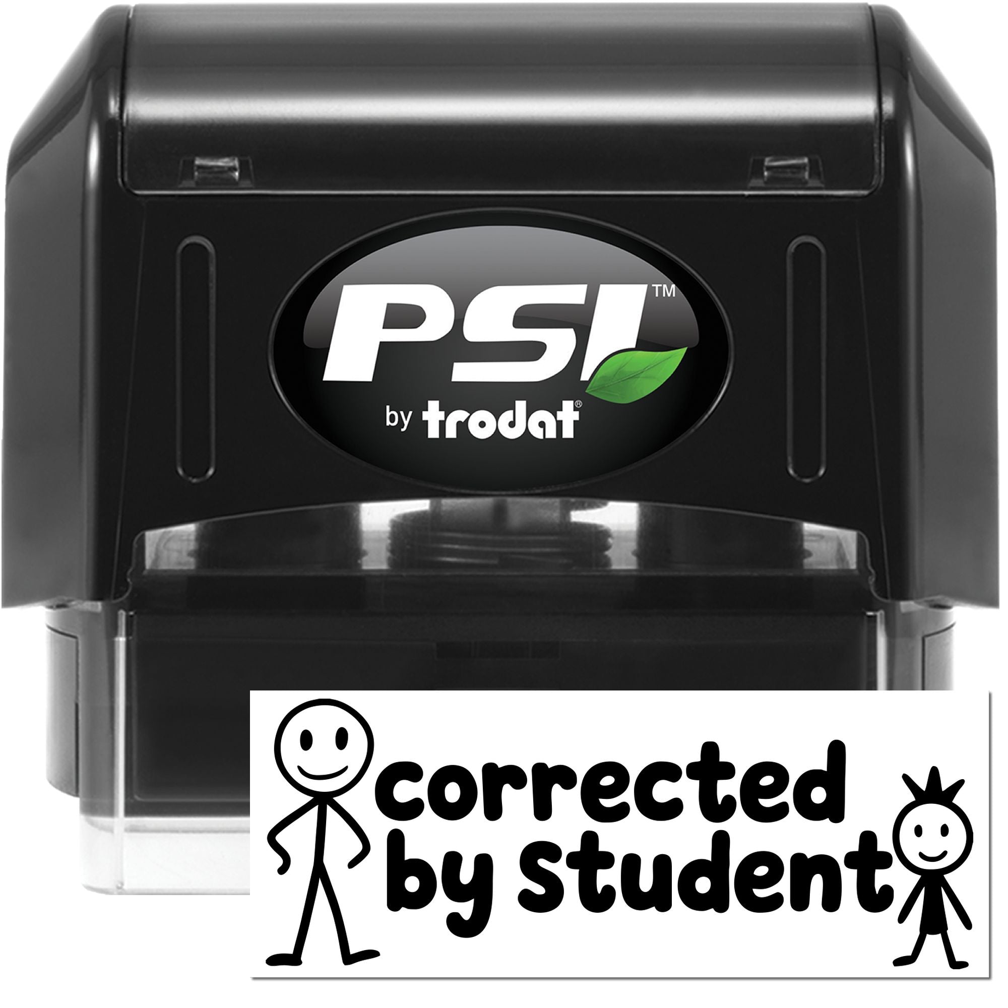 PSI by Trodat self-inking rubber stamp with corrected by student teacher imprint for classroom grading.