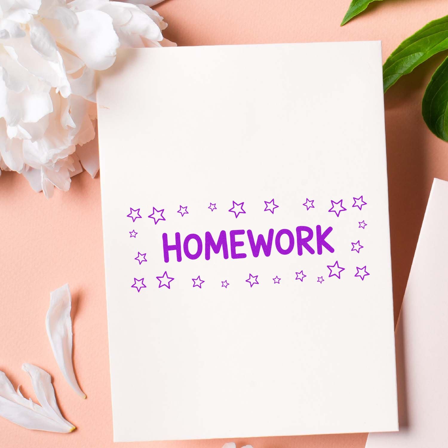 Purple homework rubber stamp with stars, ideal for teacher grading, school assignments, and planner pages.