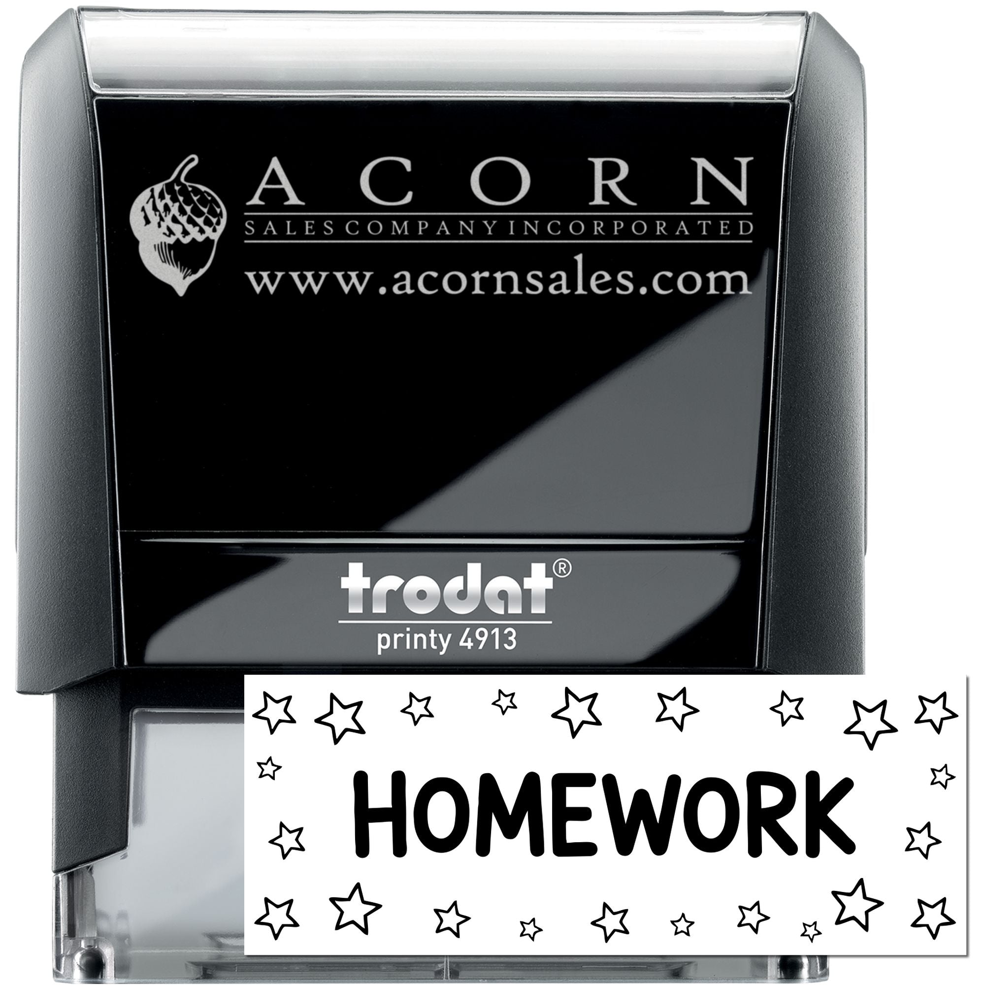 Custom self-inking rubber stamp, Trodat Printy 4913, with Acorn Sales logo and Homework imprint example.
