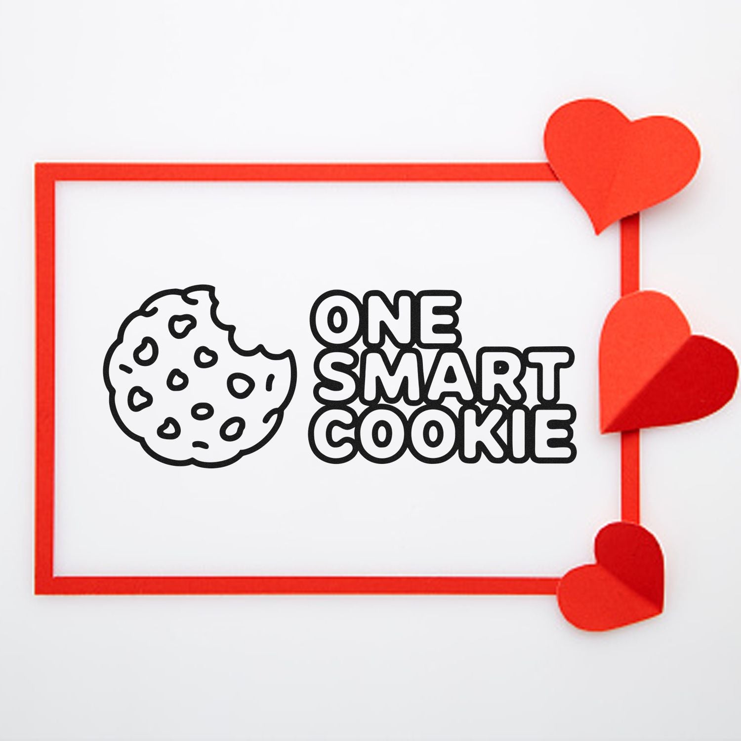 One Smart Cookie rubber stamp design with cookie icon and heart accents, ideal for bakery packaging, gifts, and Valentine crafts.