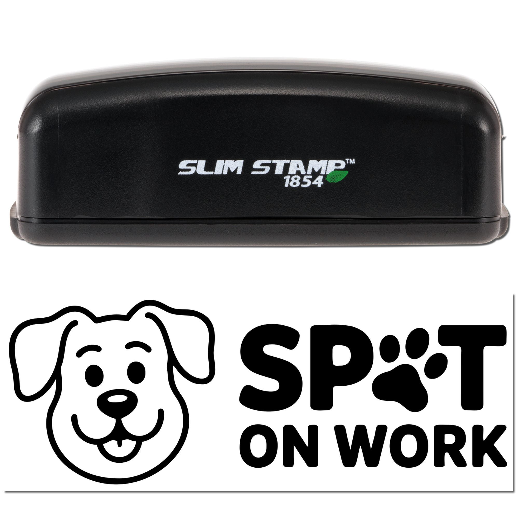 Slim Stamp 1854 custom rubber stamp with dog logo and Spot on Work branding for business packaging and labeling.