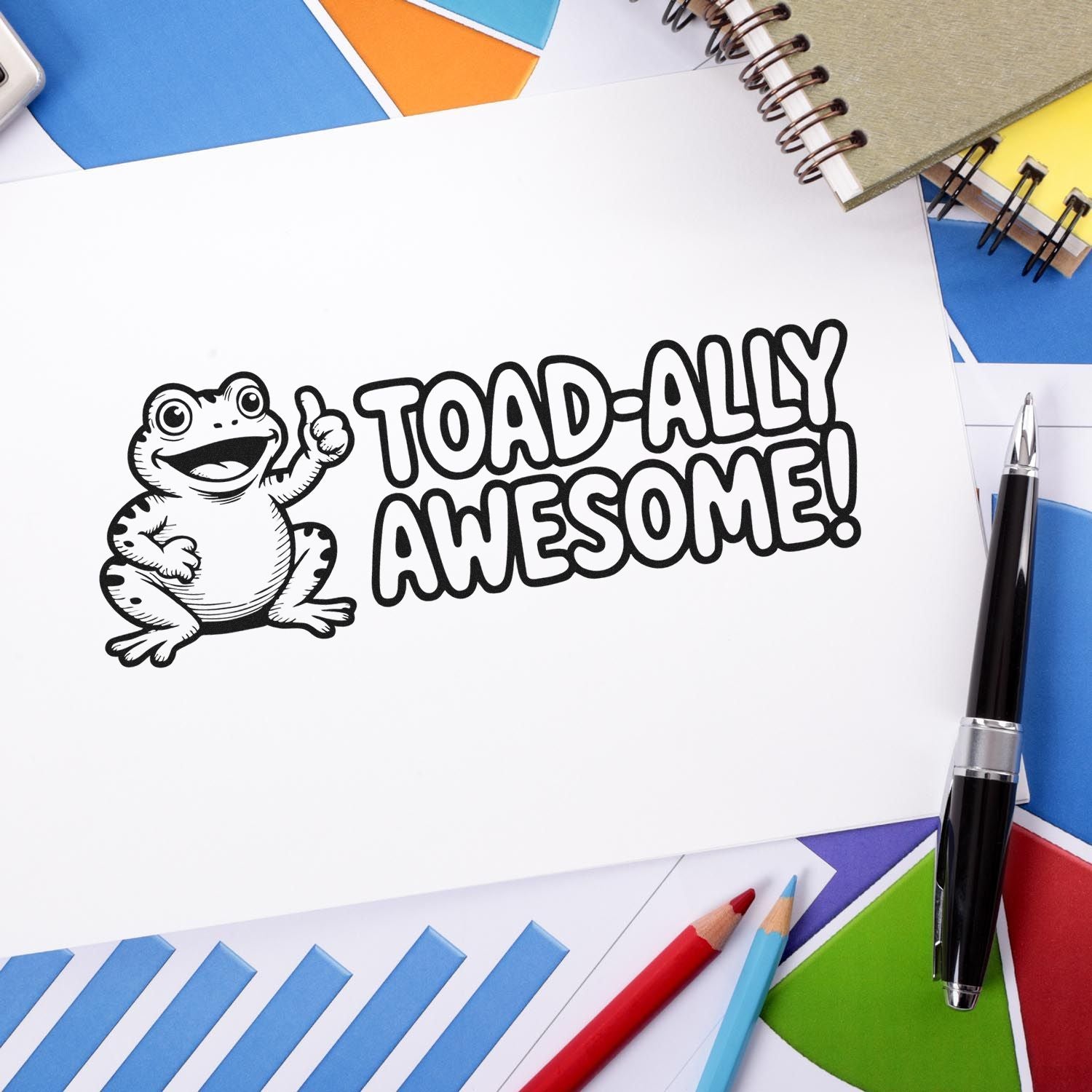 Frog rubber stamp design with TOAD-ALLY AWESOME! text, a fun custom stamp for crafts, cards, and teacher rewards.
