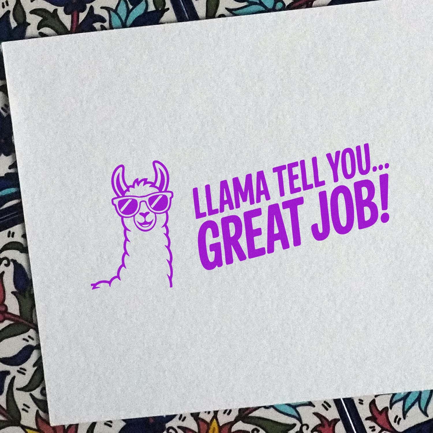 Purple llama rubber stamp with sunglasses and Llama tell you... great job! message for teacher rewards and cards.